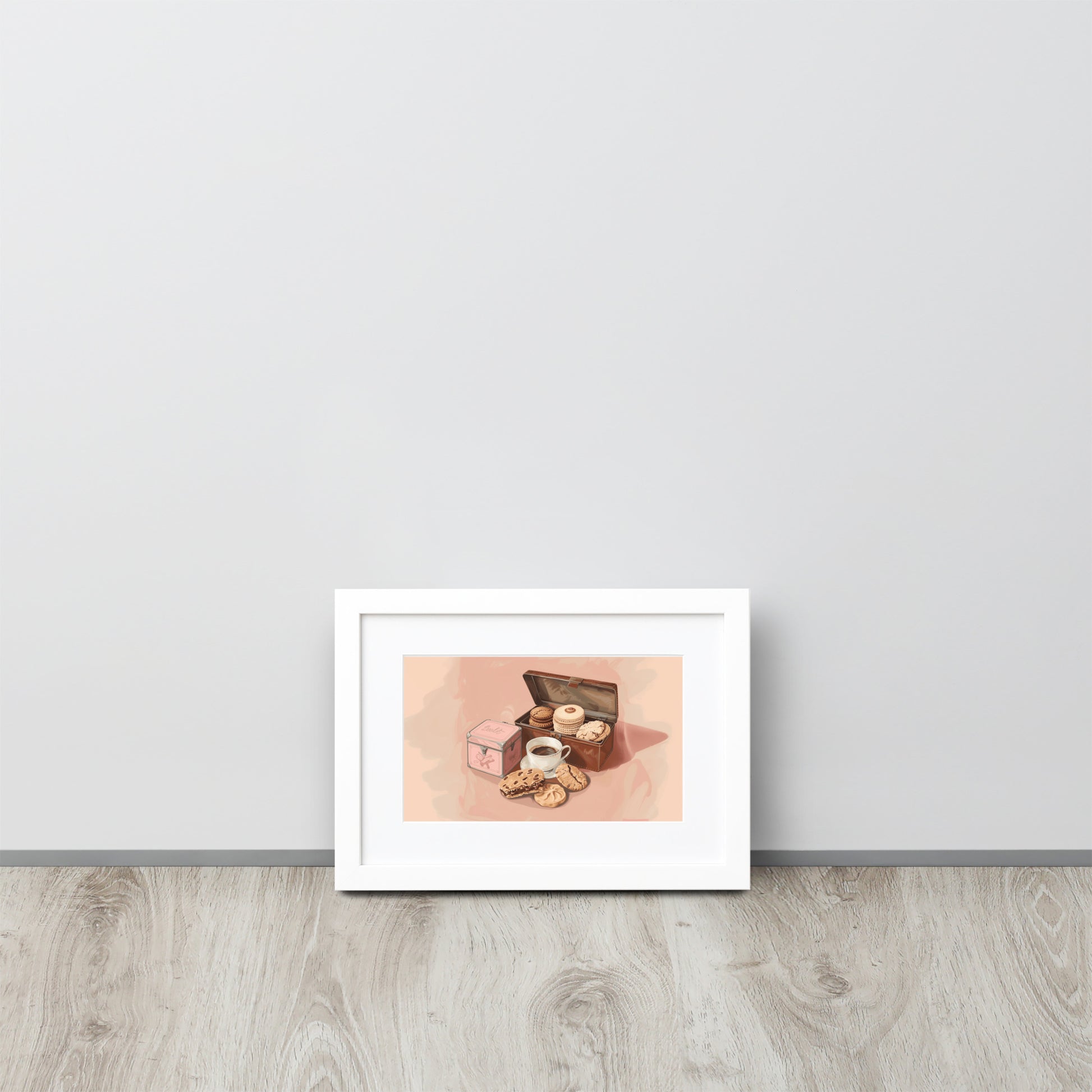 Framed poster illustrating a cookie box and a cup of coffee on a light pink background by Sweet and Savage. 