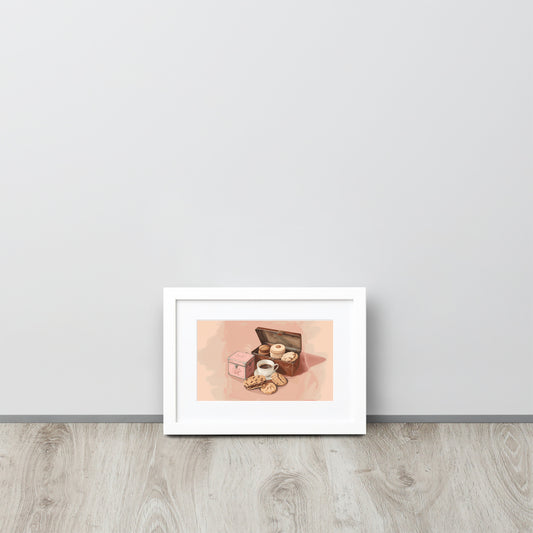 Framed poster illustrating a cookie box and a cup of coffee on a light pink background by Sweet and Savage. 