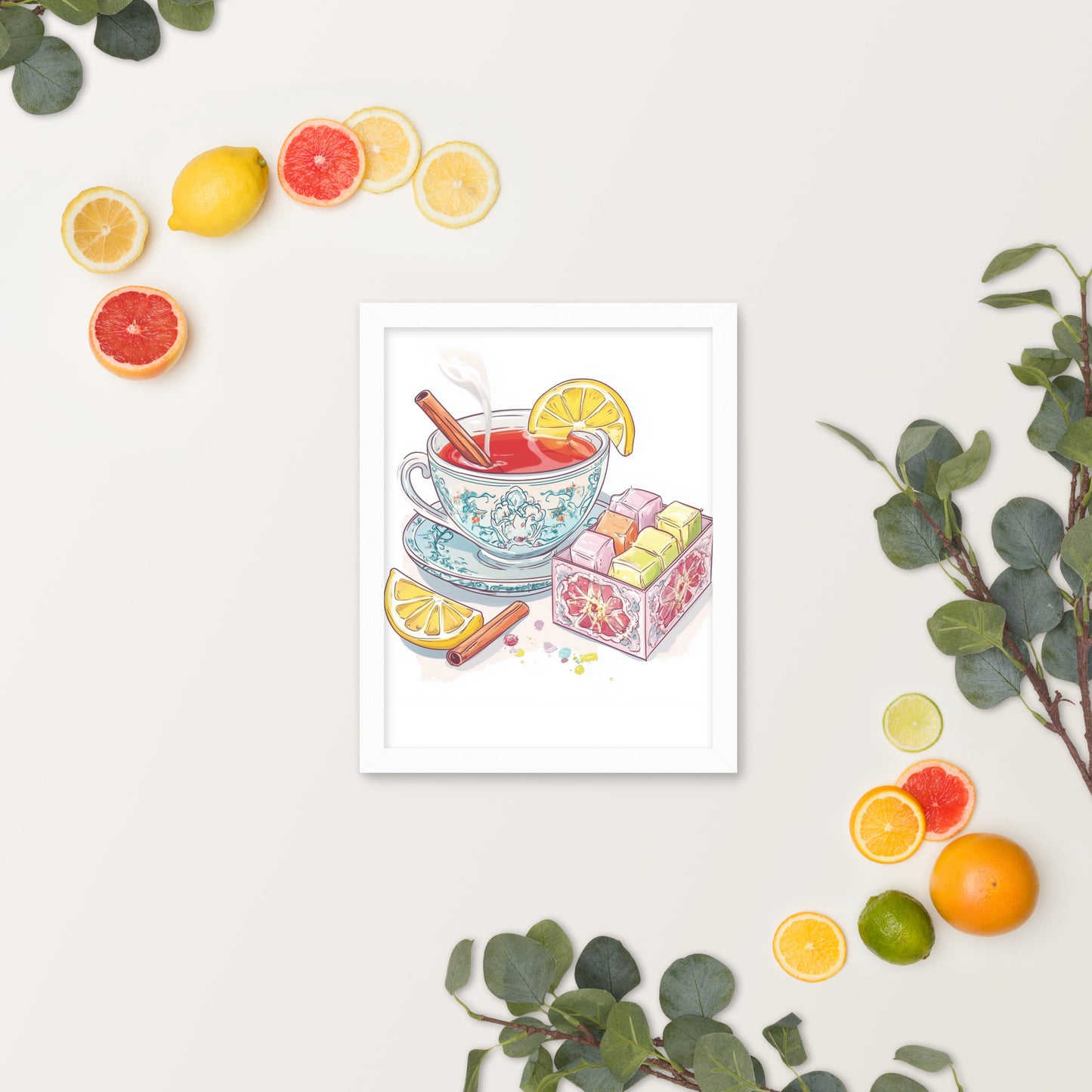 Framed whimsical poster featuring a traditional Turkish tea cup and colorful Turkish Delight sweets on a vibrant background.