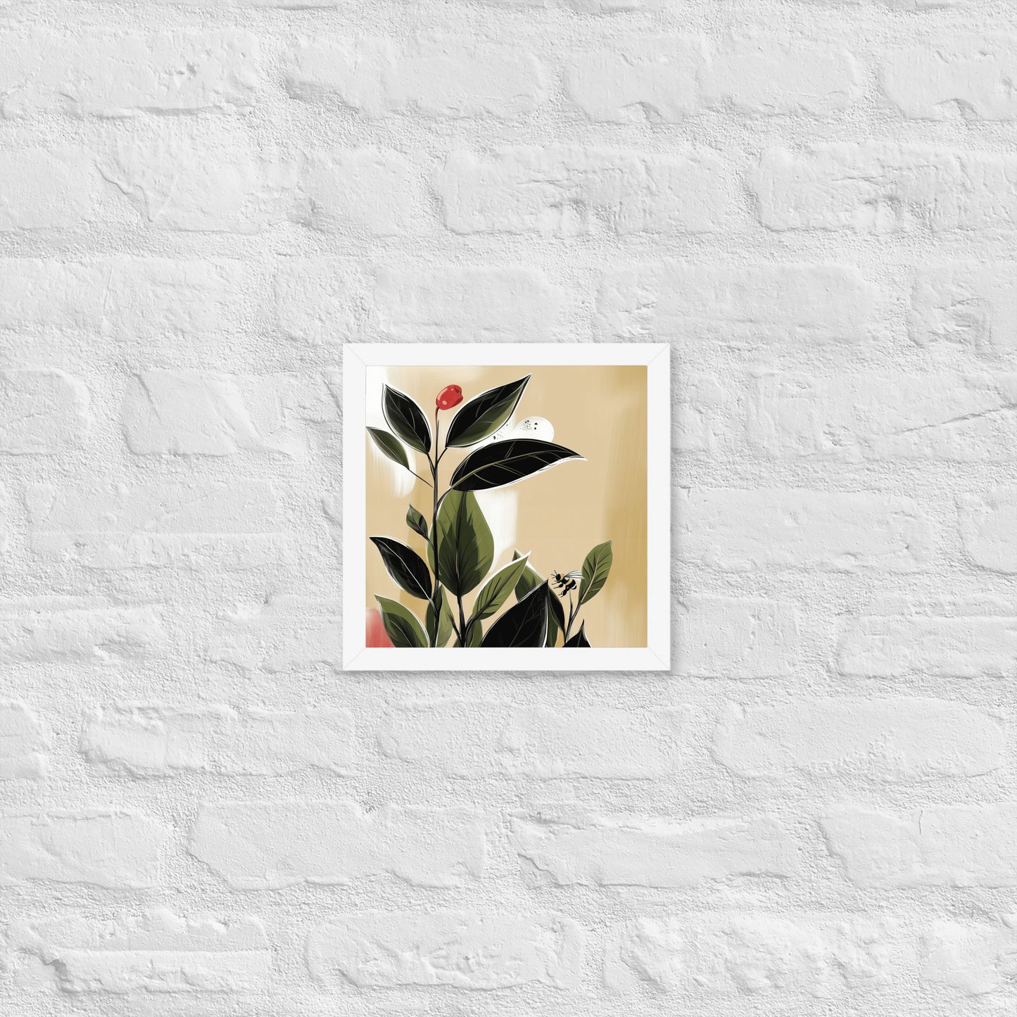 Framed botanical poster featuring vibrant green tea leaves on a neutral background, styled in a minimalist room.