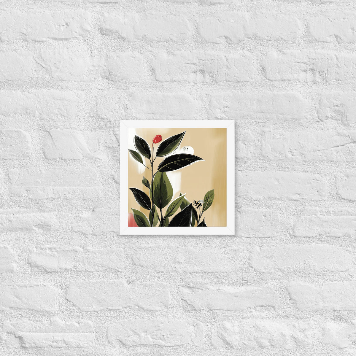 Framed botanical poster featuring vibrant green tea leaves on a neutral background, styled in a minimalist room.