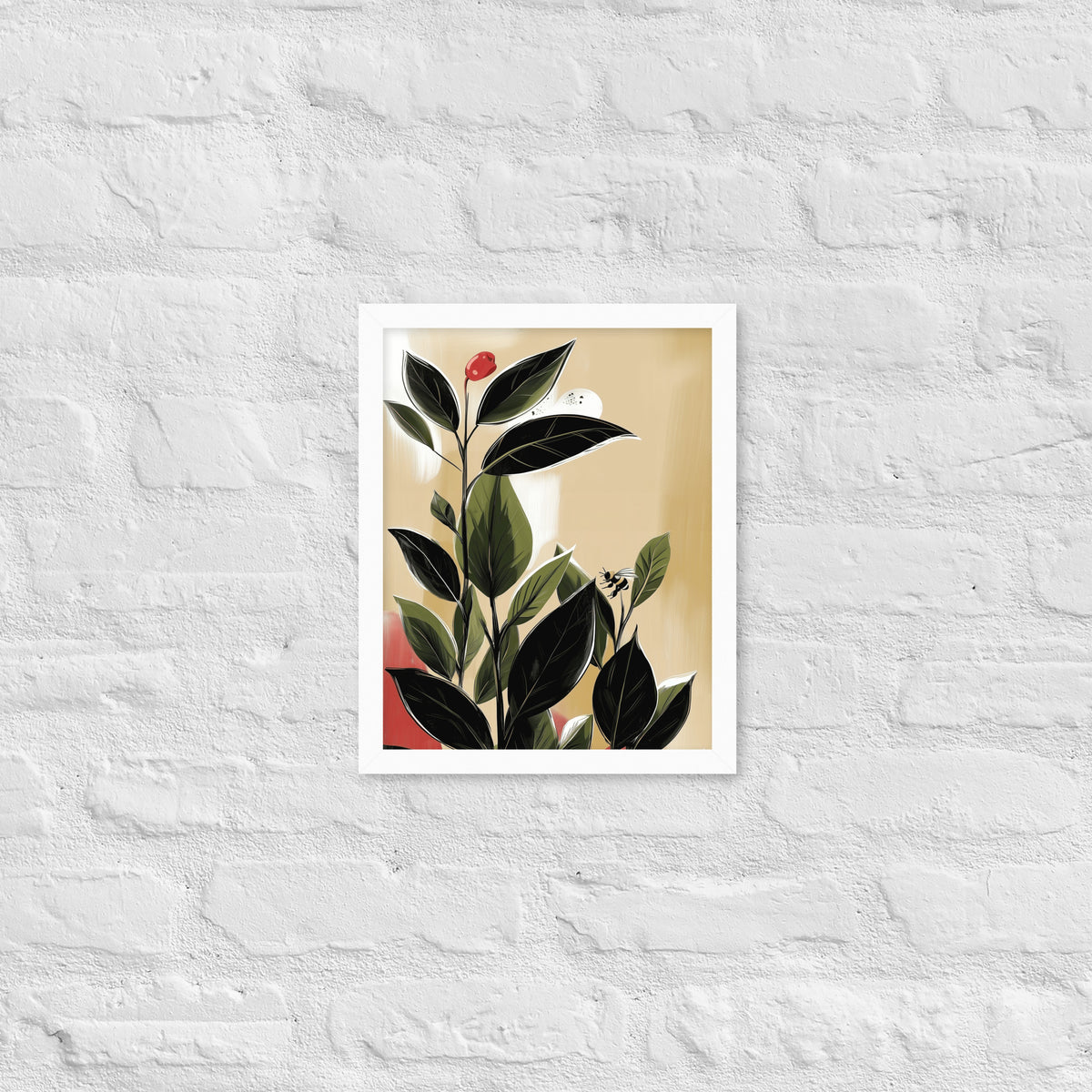 Framed botanical poster featuring vibrant green tea leaves on a neutral background, styled in a minimalist room.