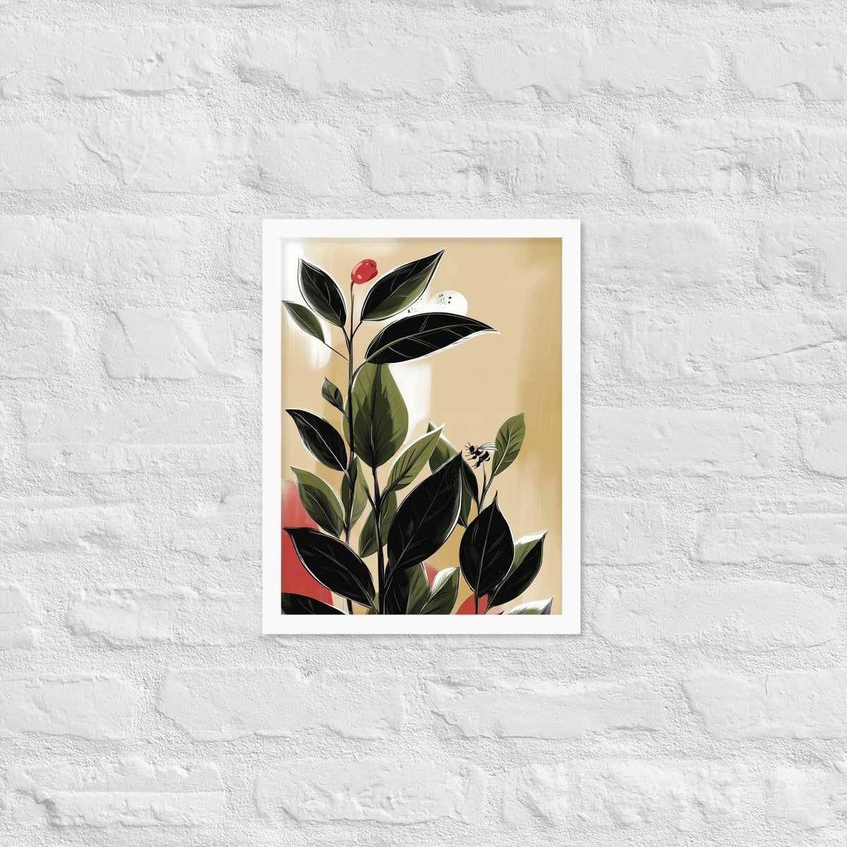 Framed botanical poster featuring vibrant green tea leaves on a neutral background, styled in a minimalist room.