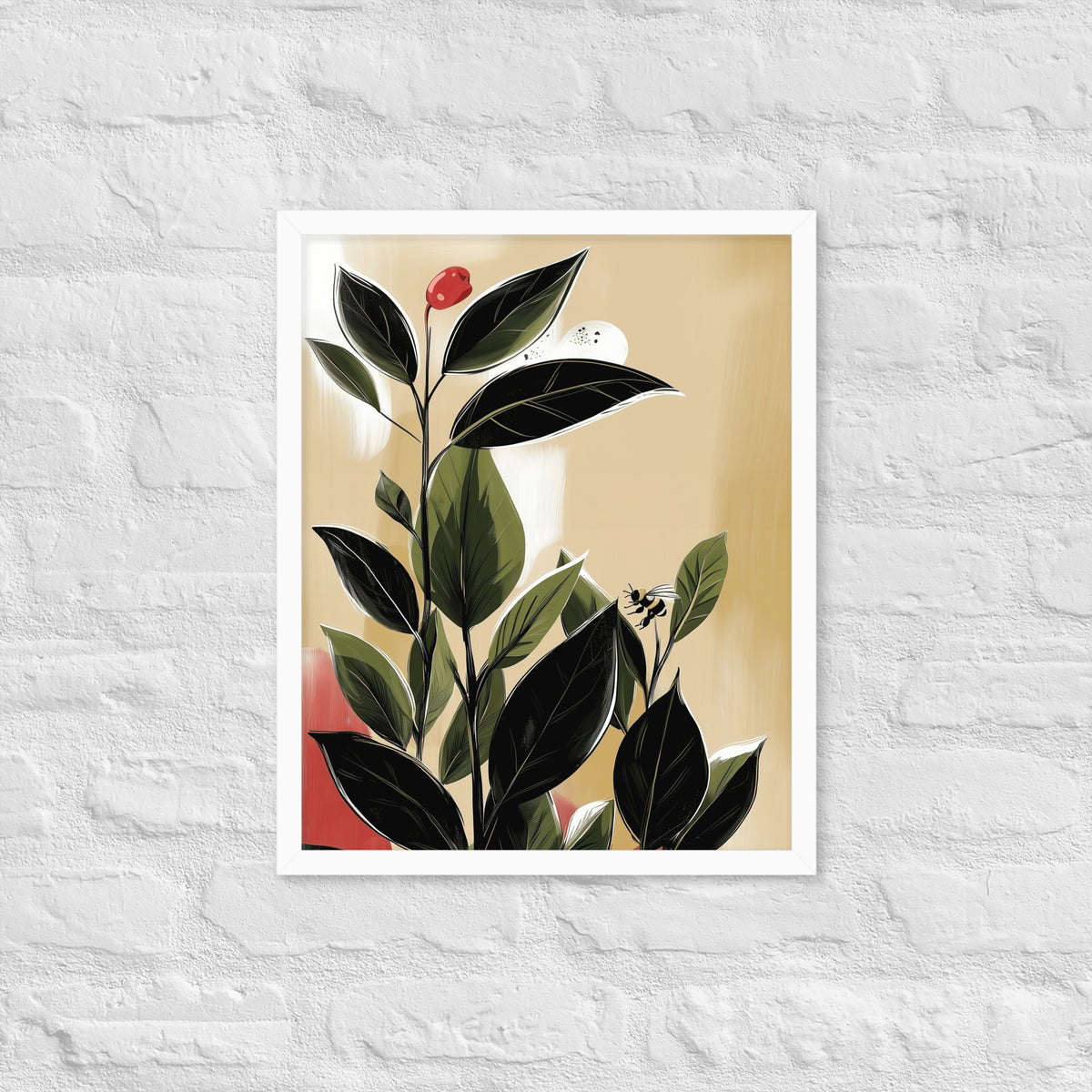 Framed botanical poster featuring vibrant green tea leaves on a neutral background, styled in a minimalist room.