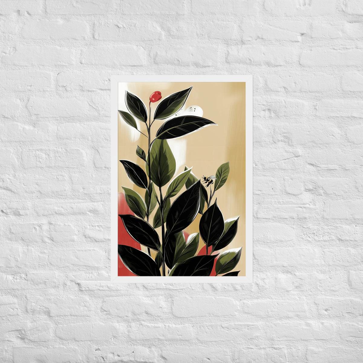 Framed botanical poster featuring vibrant green tea leaves on a neutral background, styled in a minimalist room.