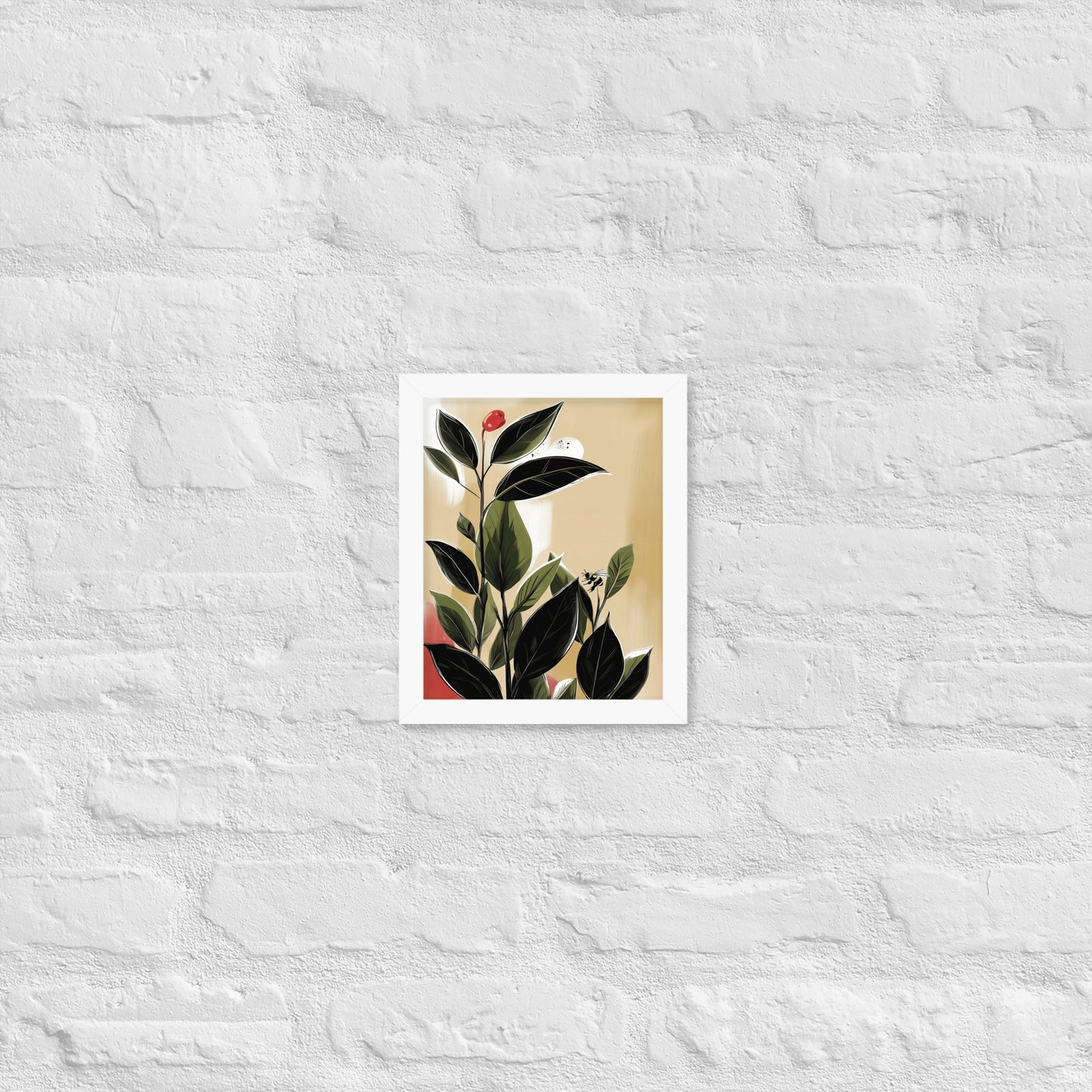 Framed botanical poster featuring vibrant green tea leaves on a neutral background, styled in a minimalist room.
