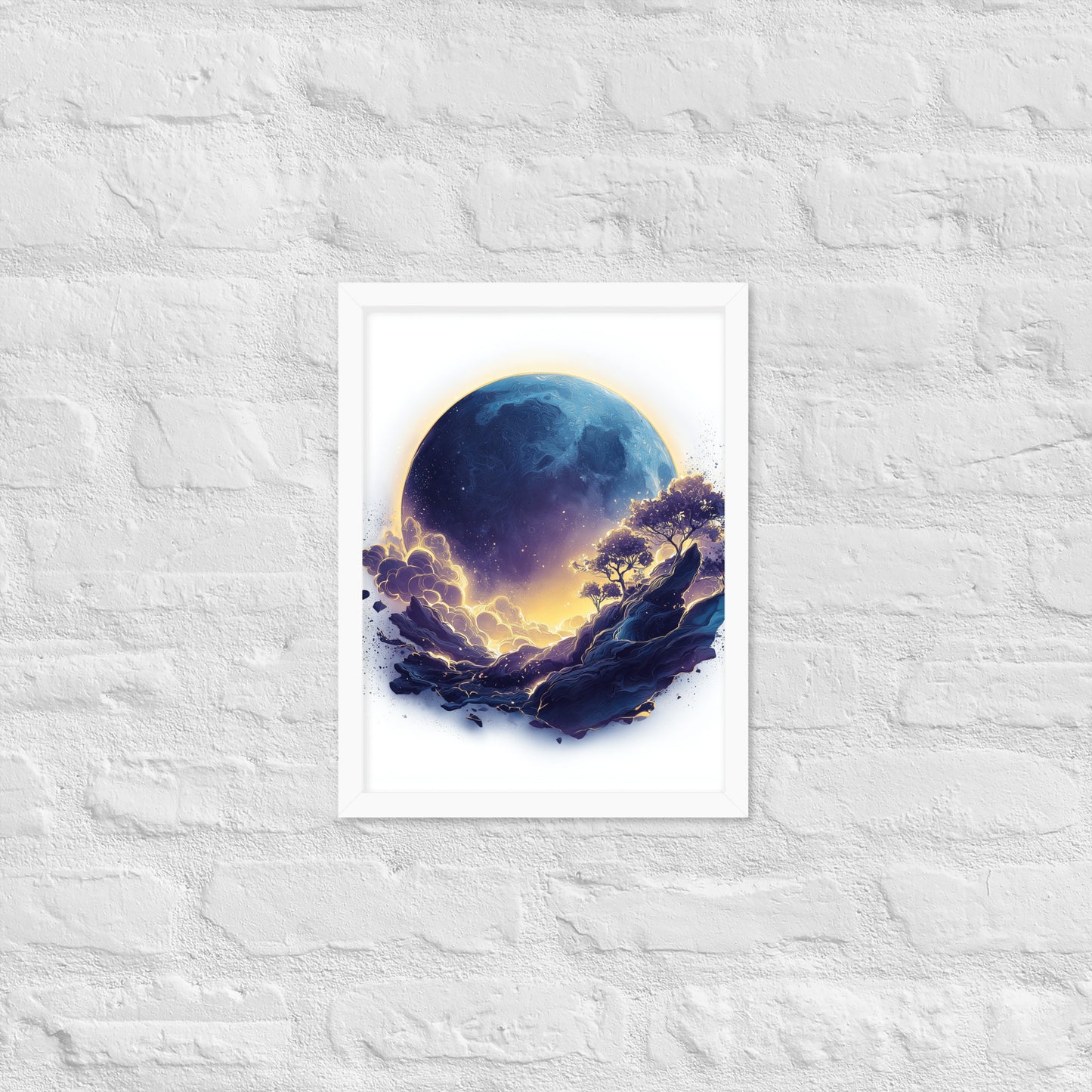 Framed cosmic poster featuring a vibrant, glowing moon and galaxy landscape in deep blues and golds.