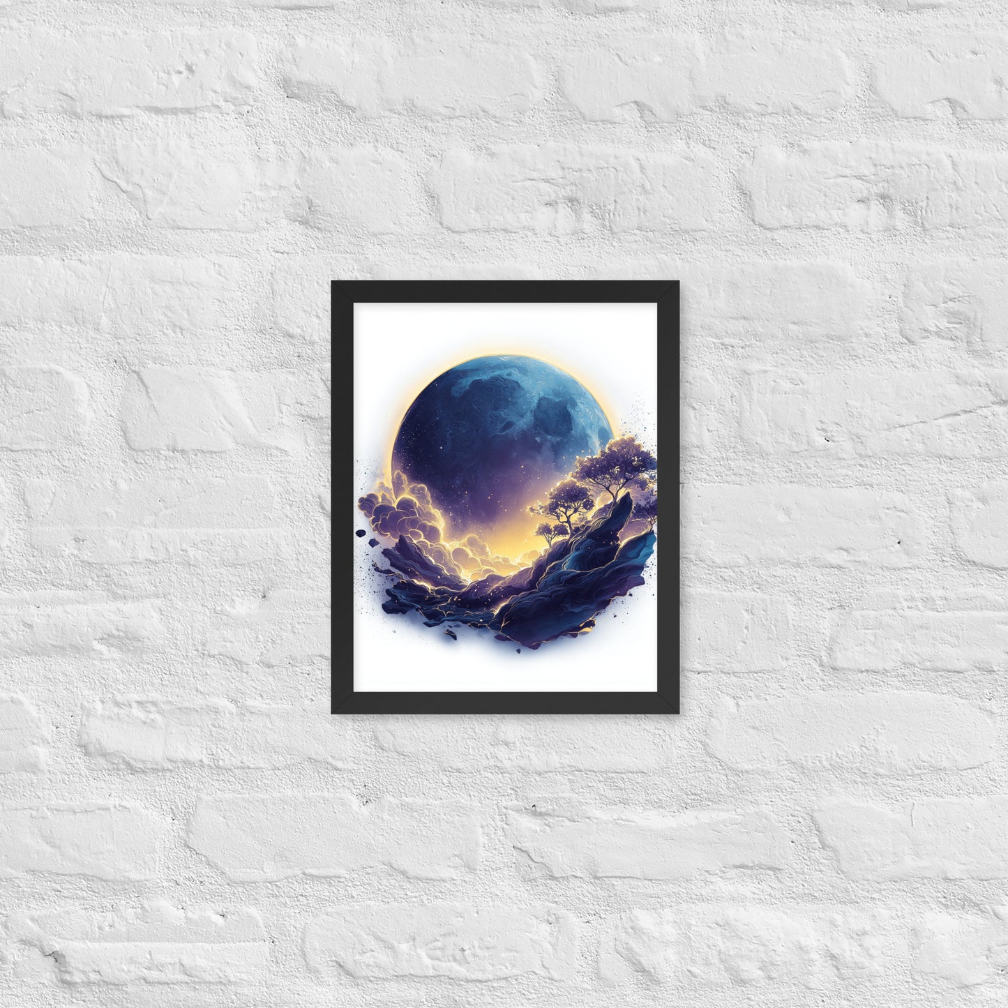 Framed cosmic poster featuring a vibrant, glowing moon and galaxy landscape in deep blues and golds.