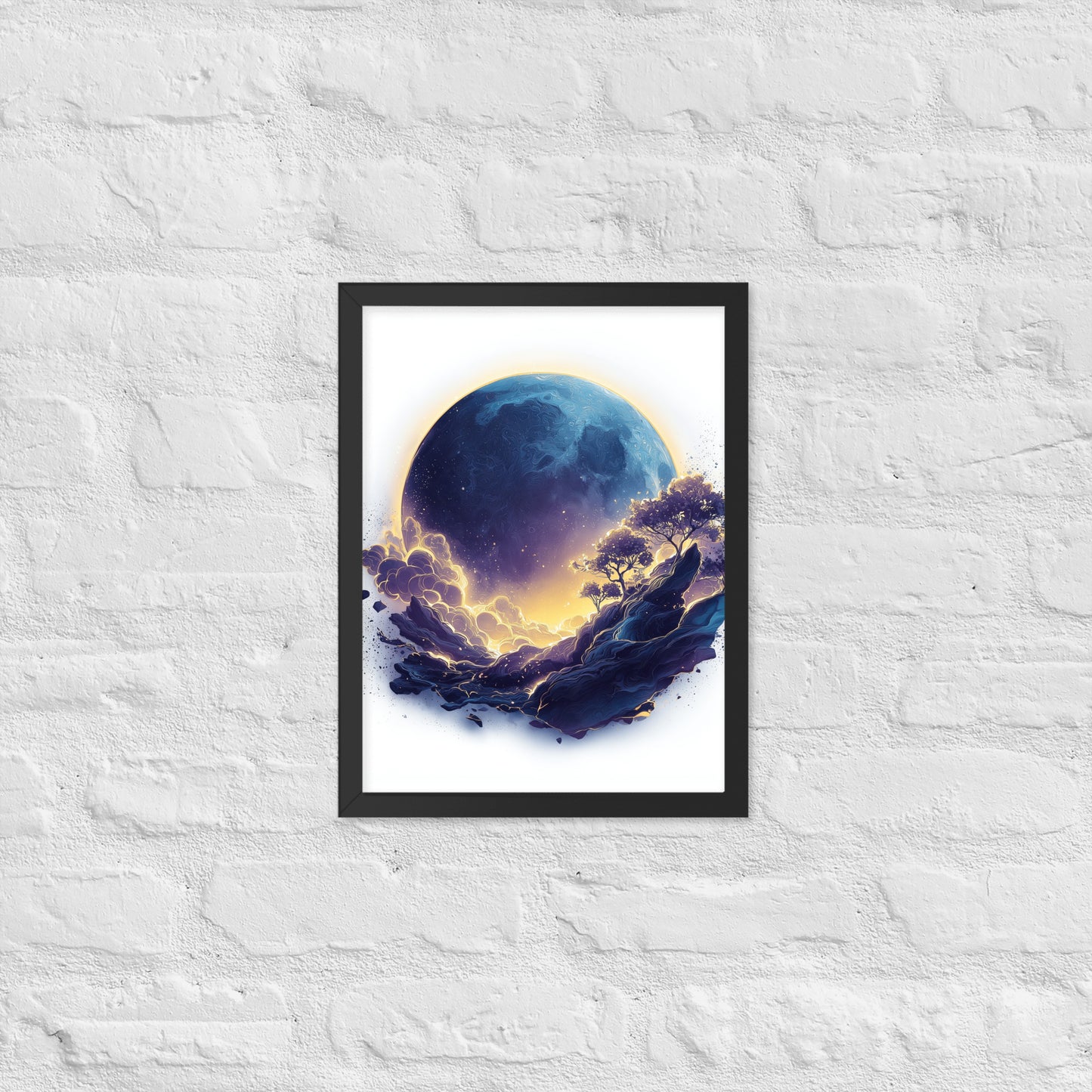 Framed cosmic poster featuring a vibrant, glowing moon and galaxy landscape in deep blues and golds. 