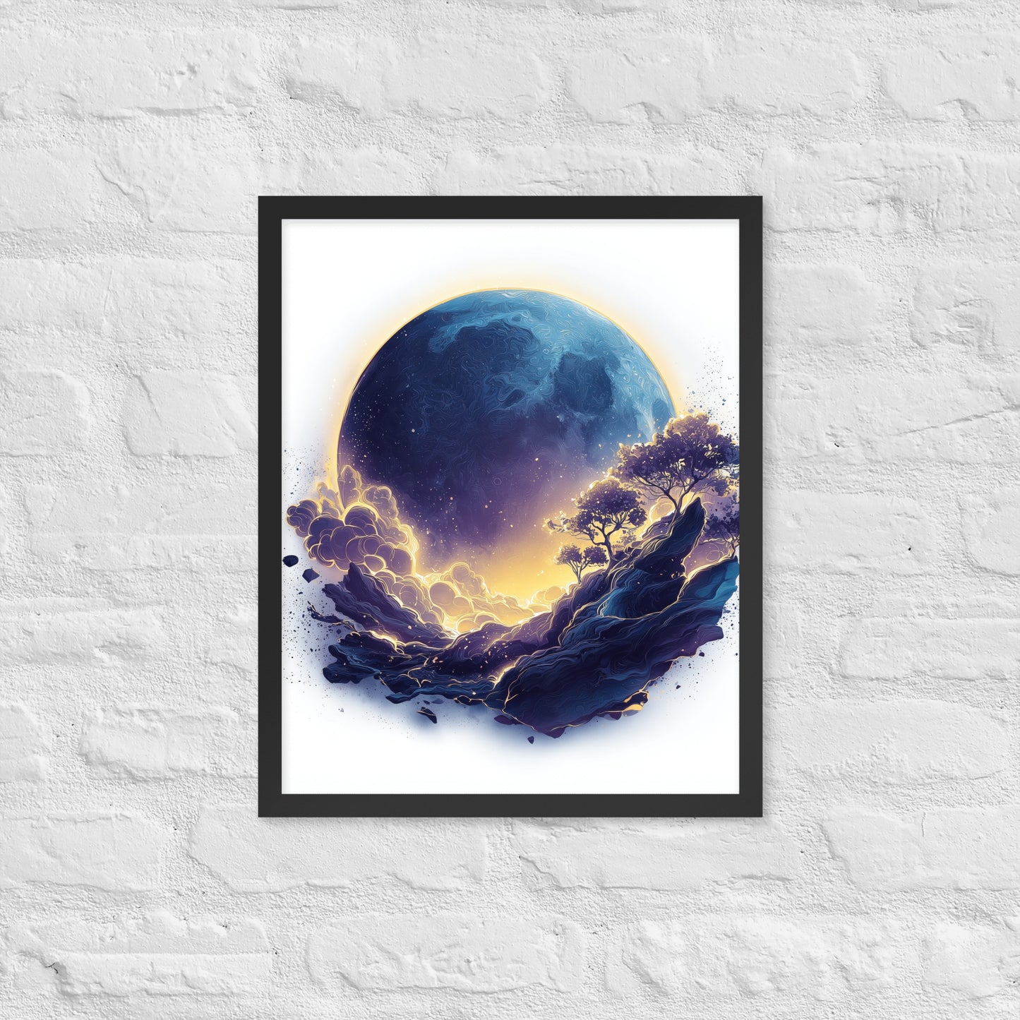 Framed cosmic poster featuring a vibrant, glowing moon and galaxy landscape in deep blues and golds.