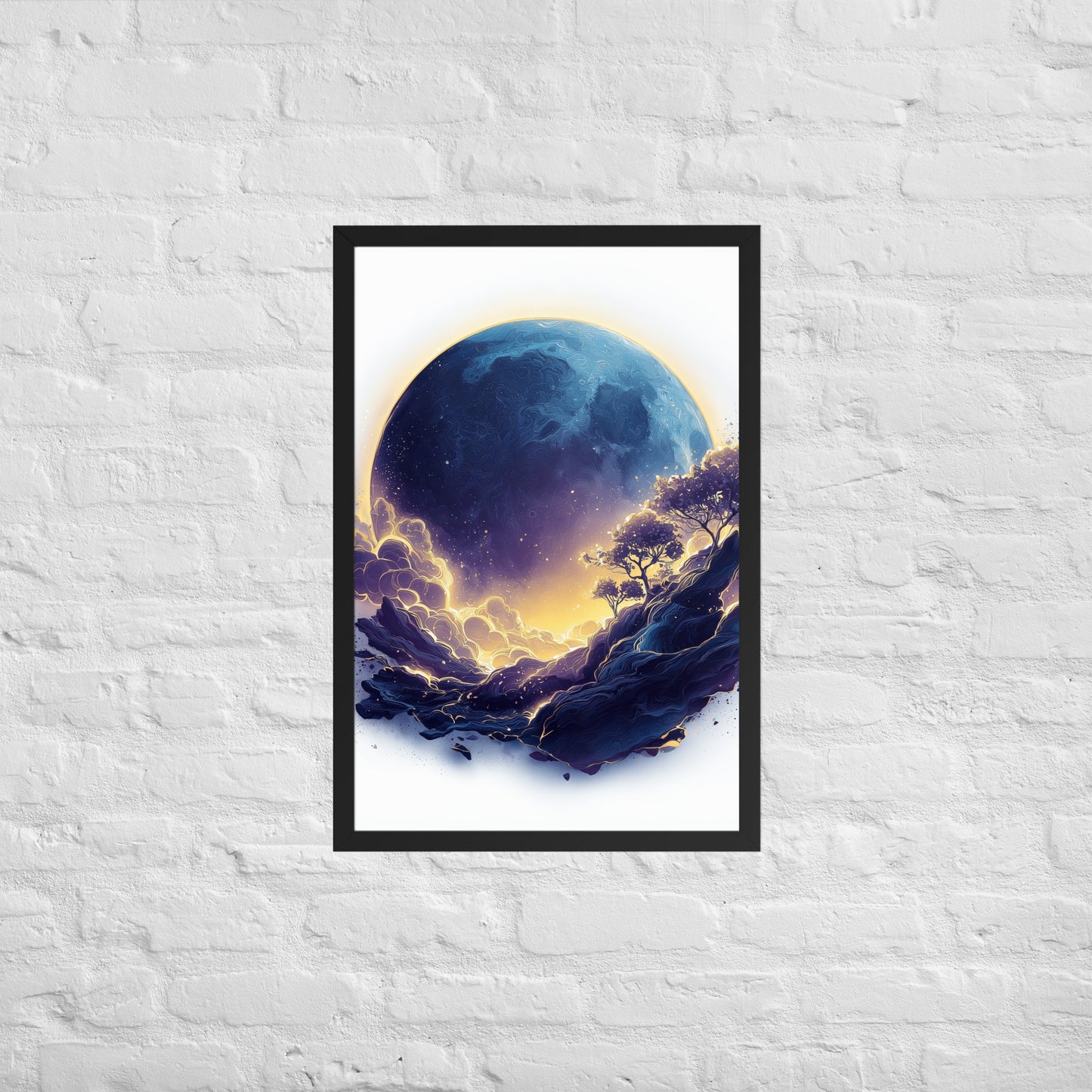Framed cosmic poster featuring a vibrant, glowing moon and galaxy landscape in deep blues and golds.