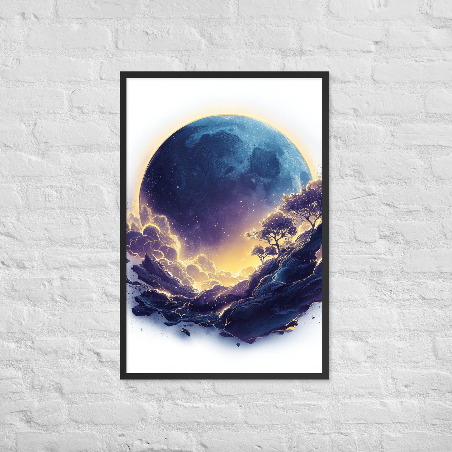 Framed cosmic poster featuring a vibrant, glowing moon and galaxy landscape in deep blues and golds.