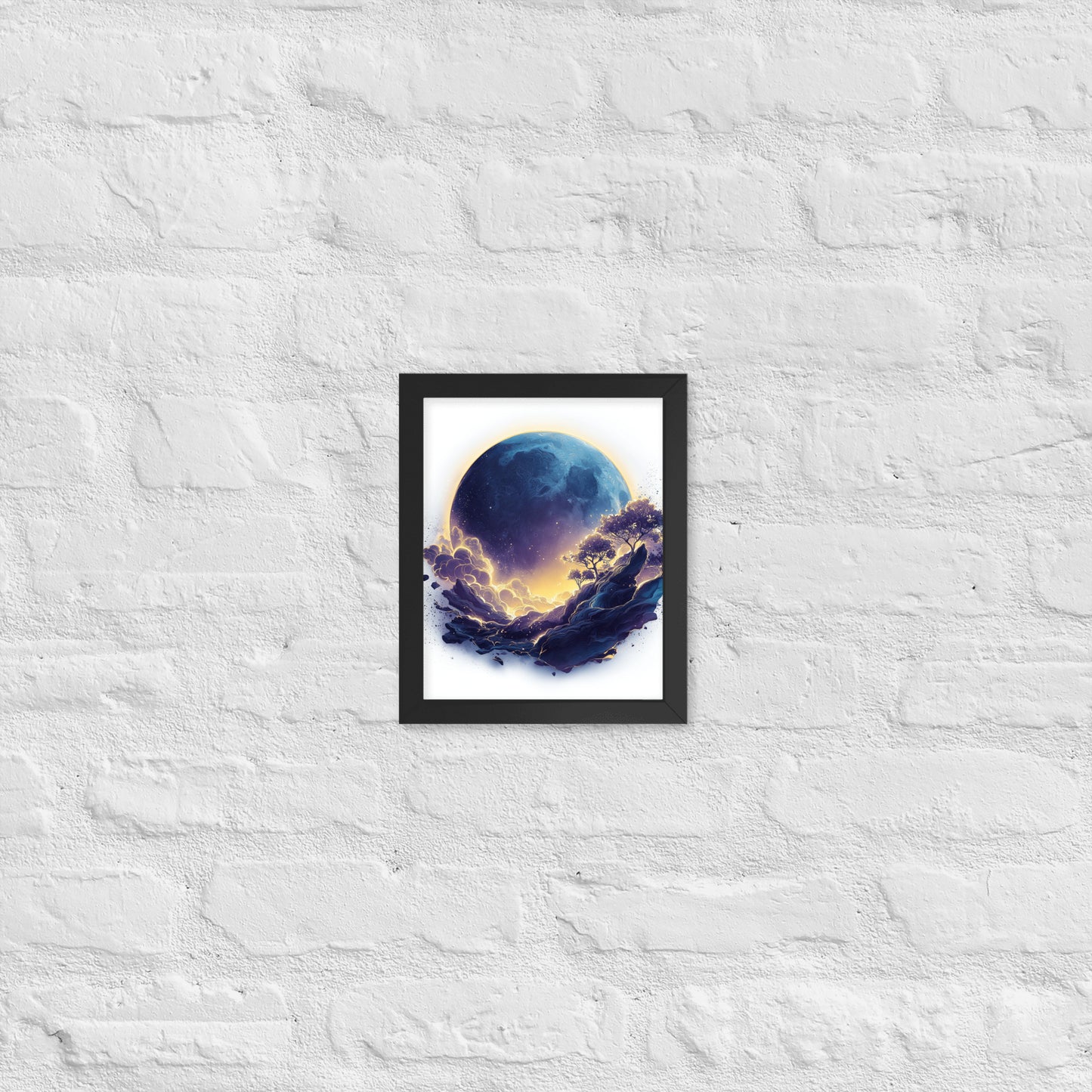 Framed cosmic poster featuring a vibrant, glowing moon and galaxy landscape in deep blues and golds.