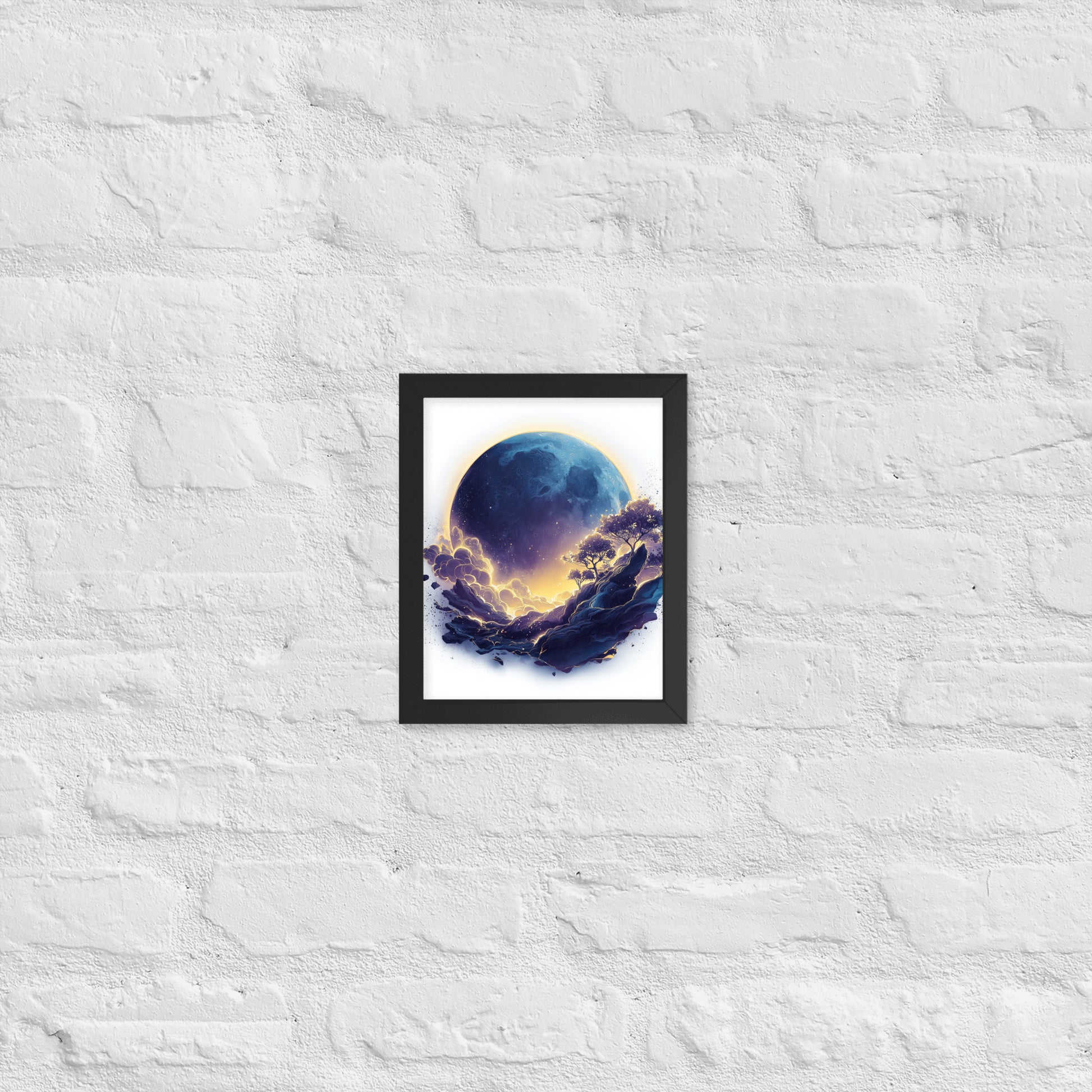 Framed cosmic poster featuring a vibrant, glowing moon and galaxy landscape in deep blues and golds.