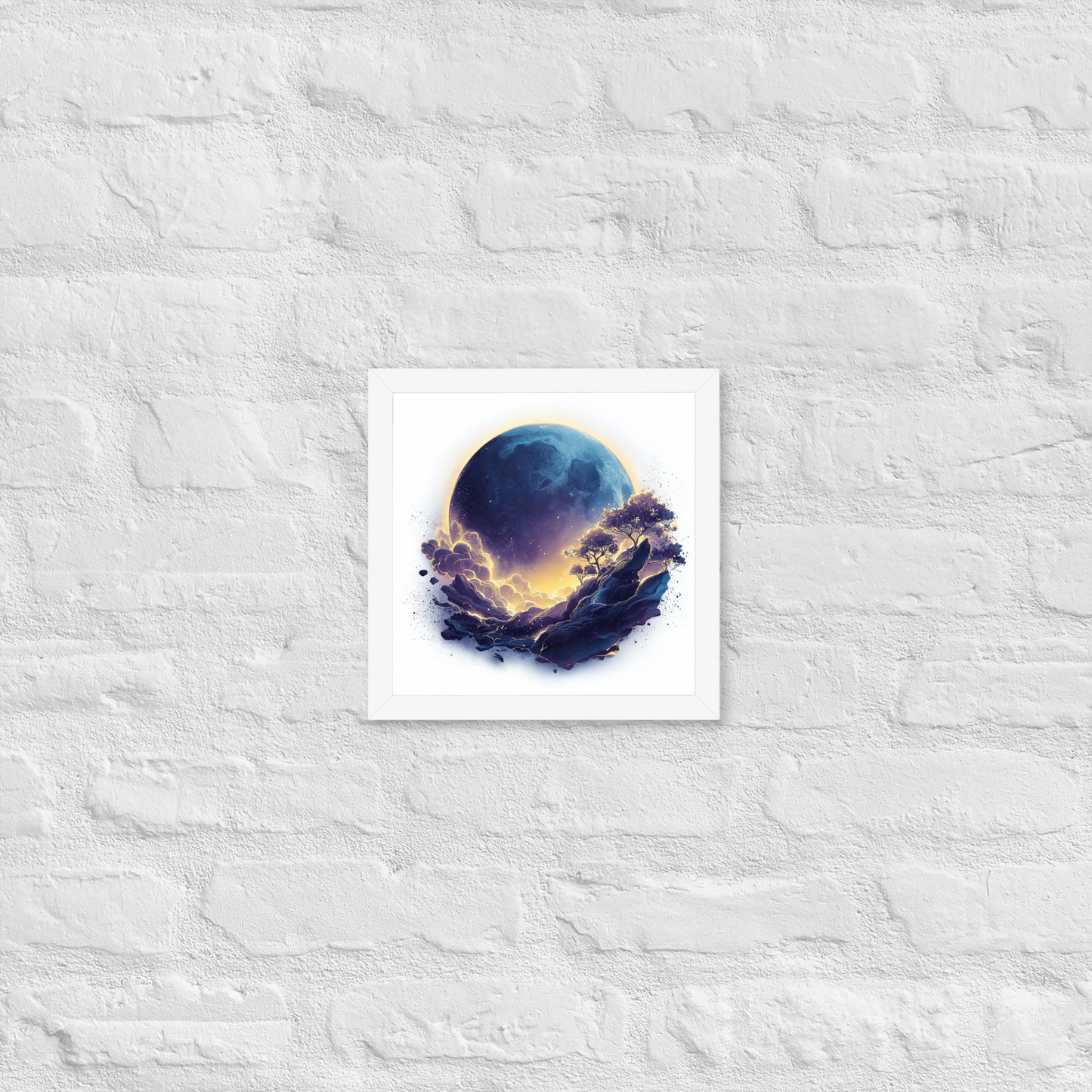 Framed cosmic poster featuring a vibrant, glowing moon and galaxy landscape in deep blues and golds.