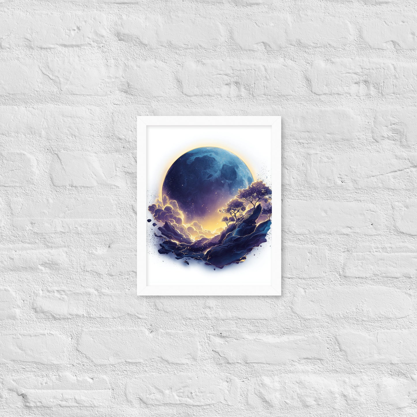 Framed cosmic poster featuring a vibrant, glowing moon and galaxy landscape in deep blues and golds.