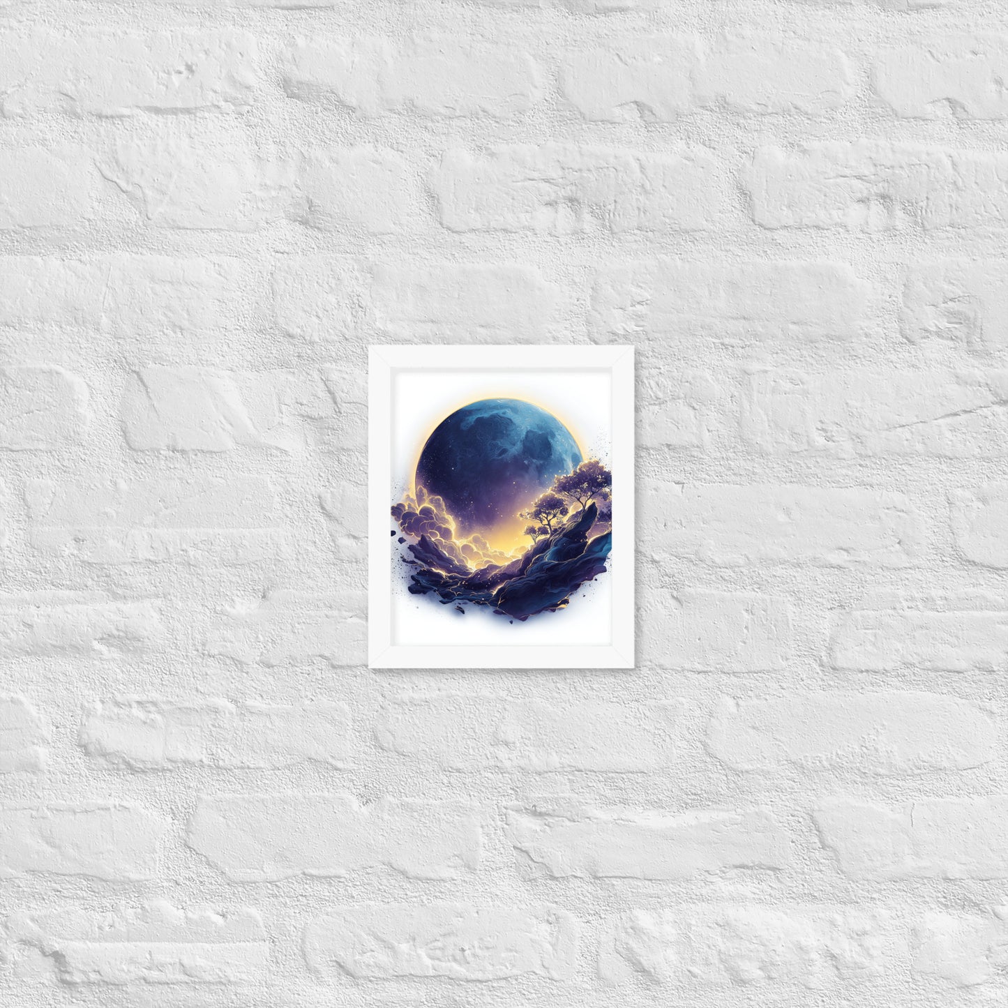 Framed cosmic poster featuring a vibrant, glowing moon and galaxy landscape in deep blues and golds.