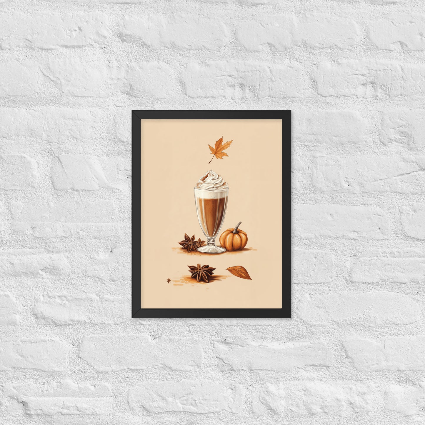 Framed poster of a pumpkin spice latte with autumn elements on a beige background by Sweet and Savage. 