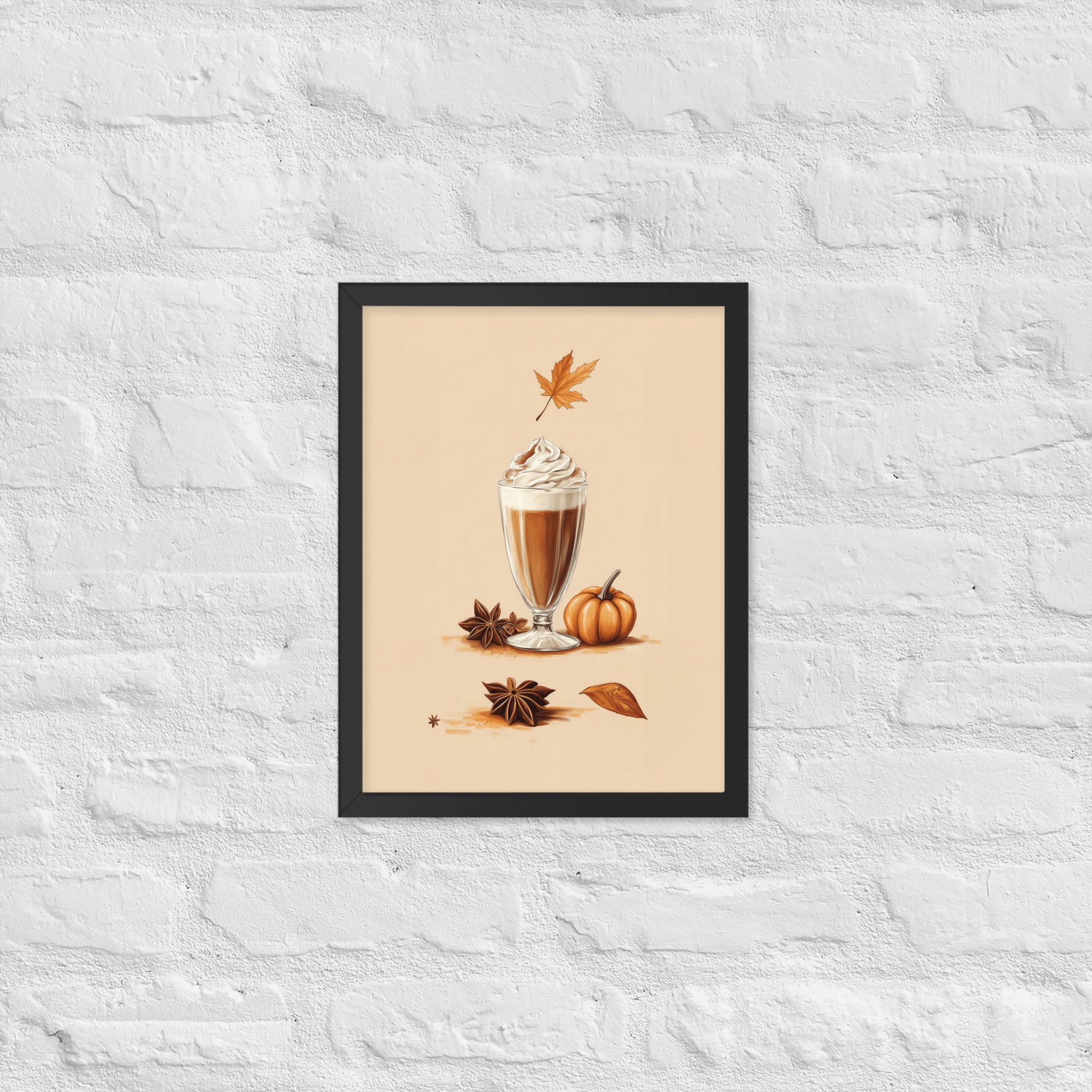 Framed poster of a pumpkin spice latte with autumn elements on a beige background by Sweet and Savage. 