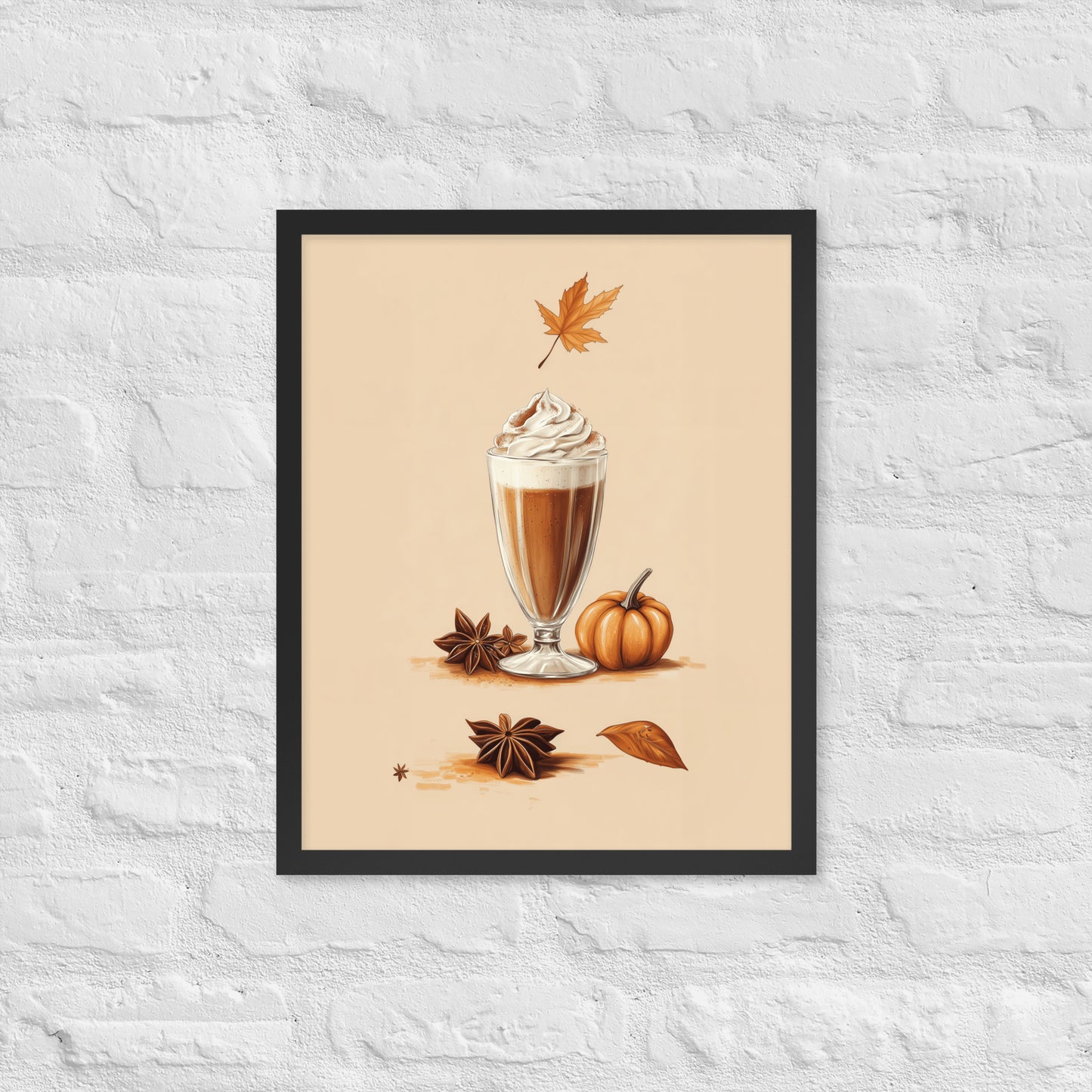 Framed poster of a pumpkin spice latte with autumn elements on a beige background by Sweet and Savage. 