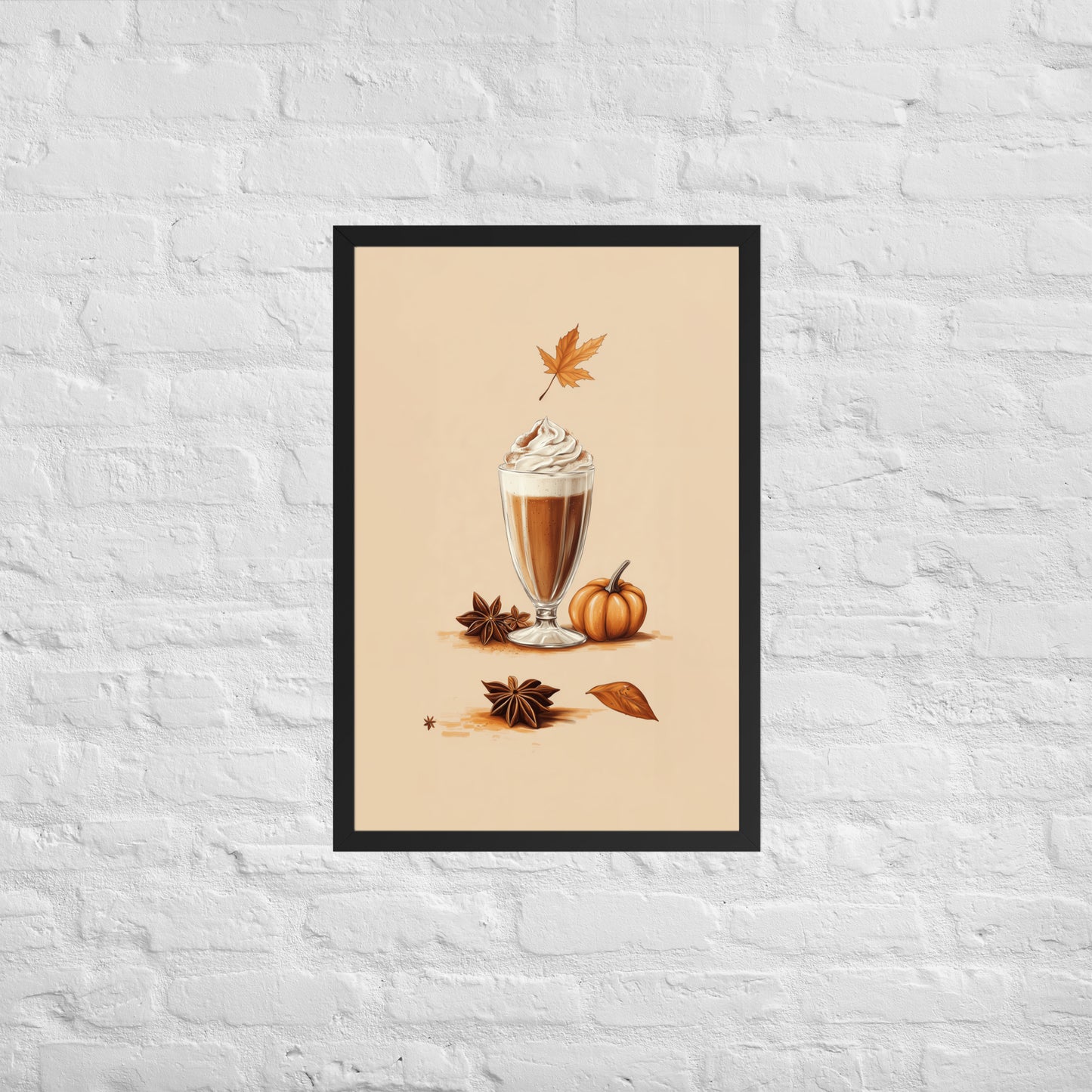 Framed poster of a pumpkin spice latte with autumn elements on a beige background by Sweet and Savage. 