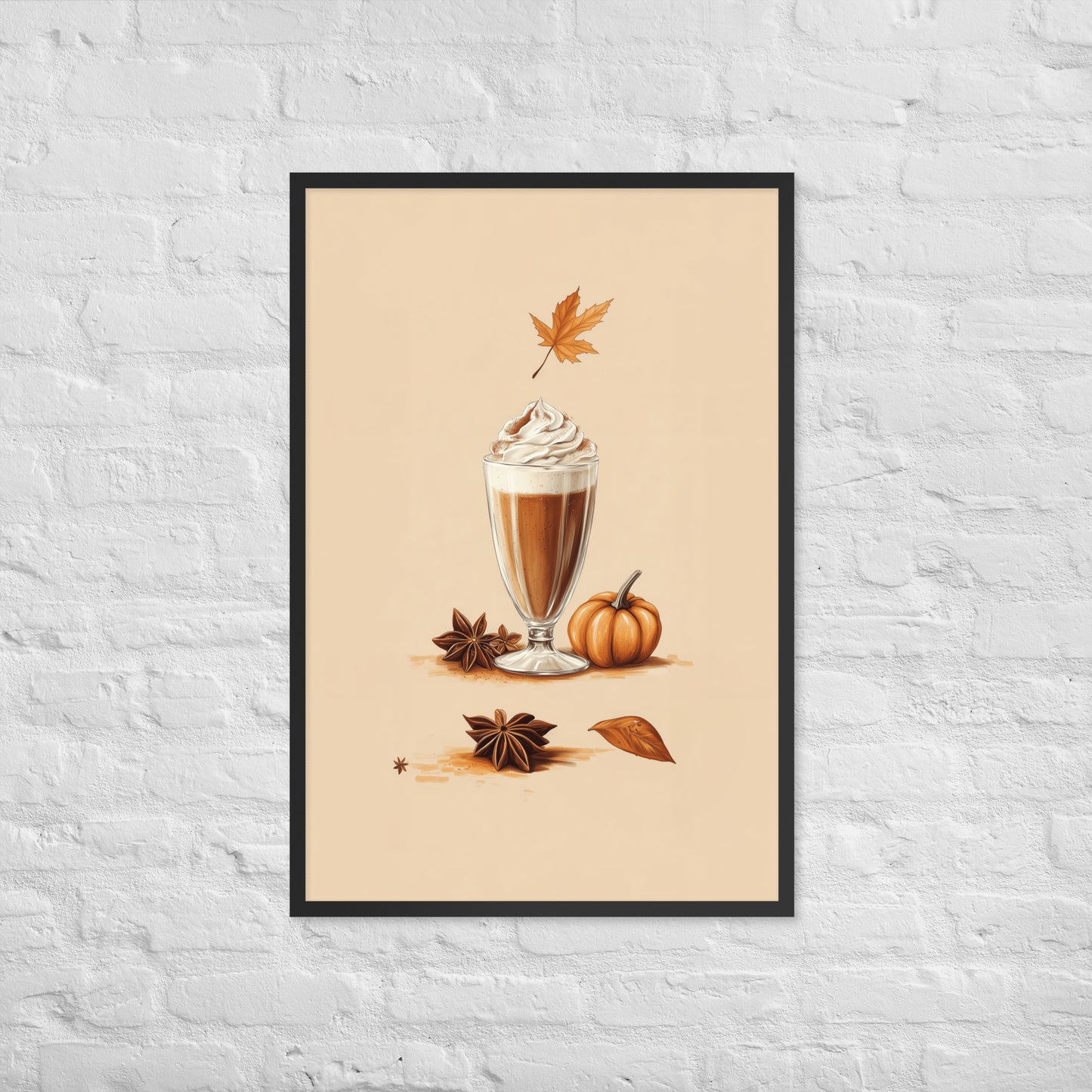 Framed poster of a pumpkin spice latte with autumn elements on a beige background by Sweet and Savage. 