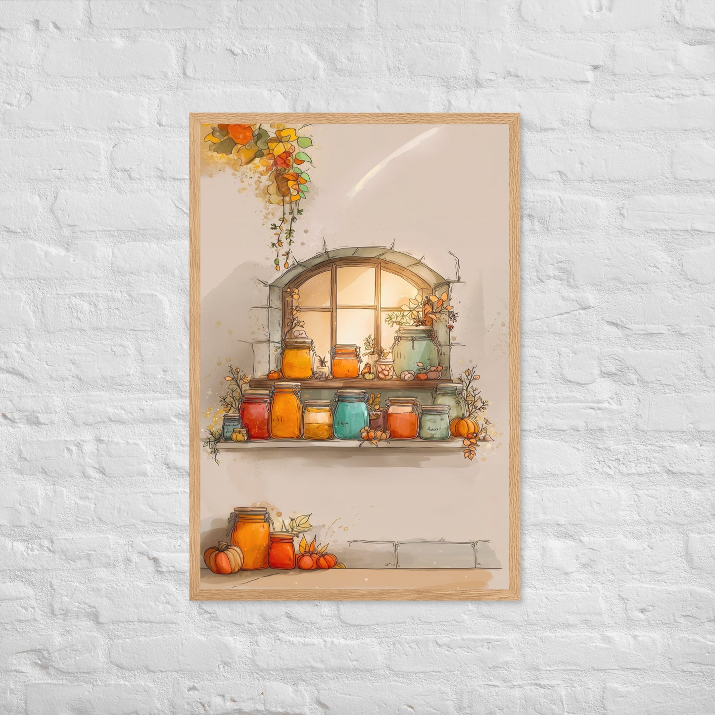 Framed autumn poster featuring glowing jam jars on a rustic window shelf surrounded by pumpkins and fall leaves.