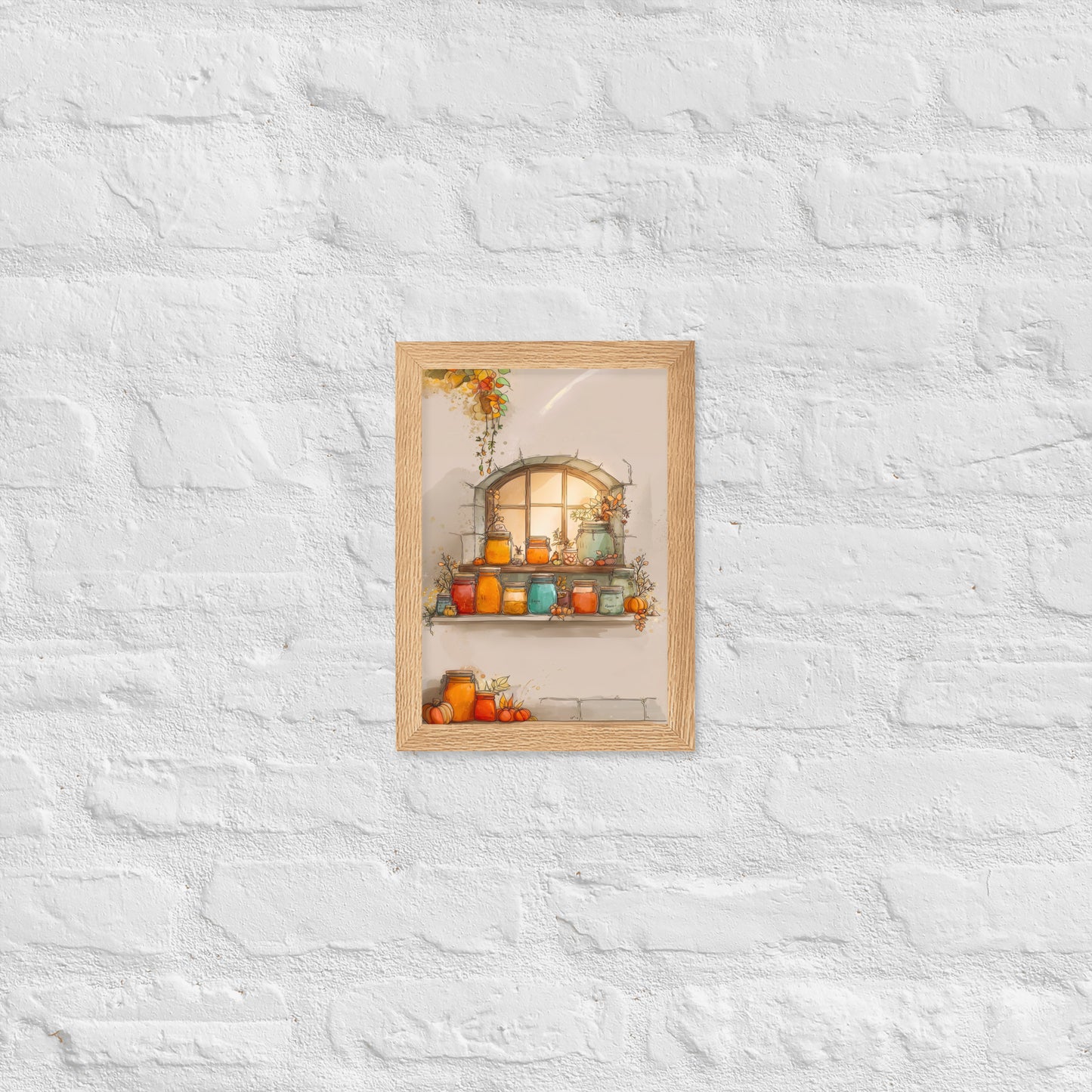 Framed autumn poster featuring glowing jam jars on a rustic window shelf surrounded by pumpkins and fall leaves.