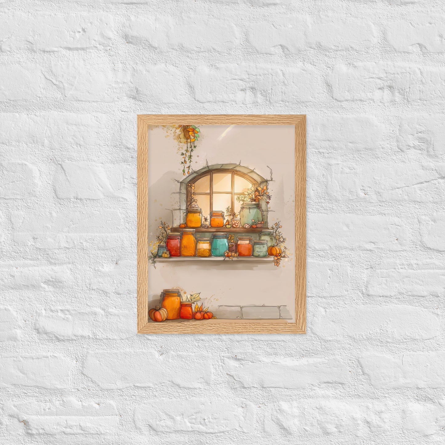 Framed autumn poster featuring glowing jam jars on a rustic window shelf surrounded by pumpkins and fall leaves.