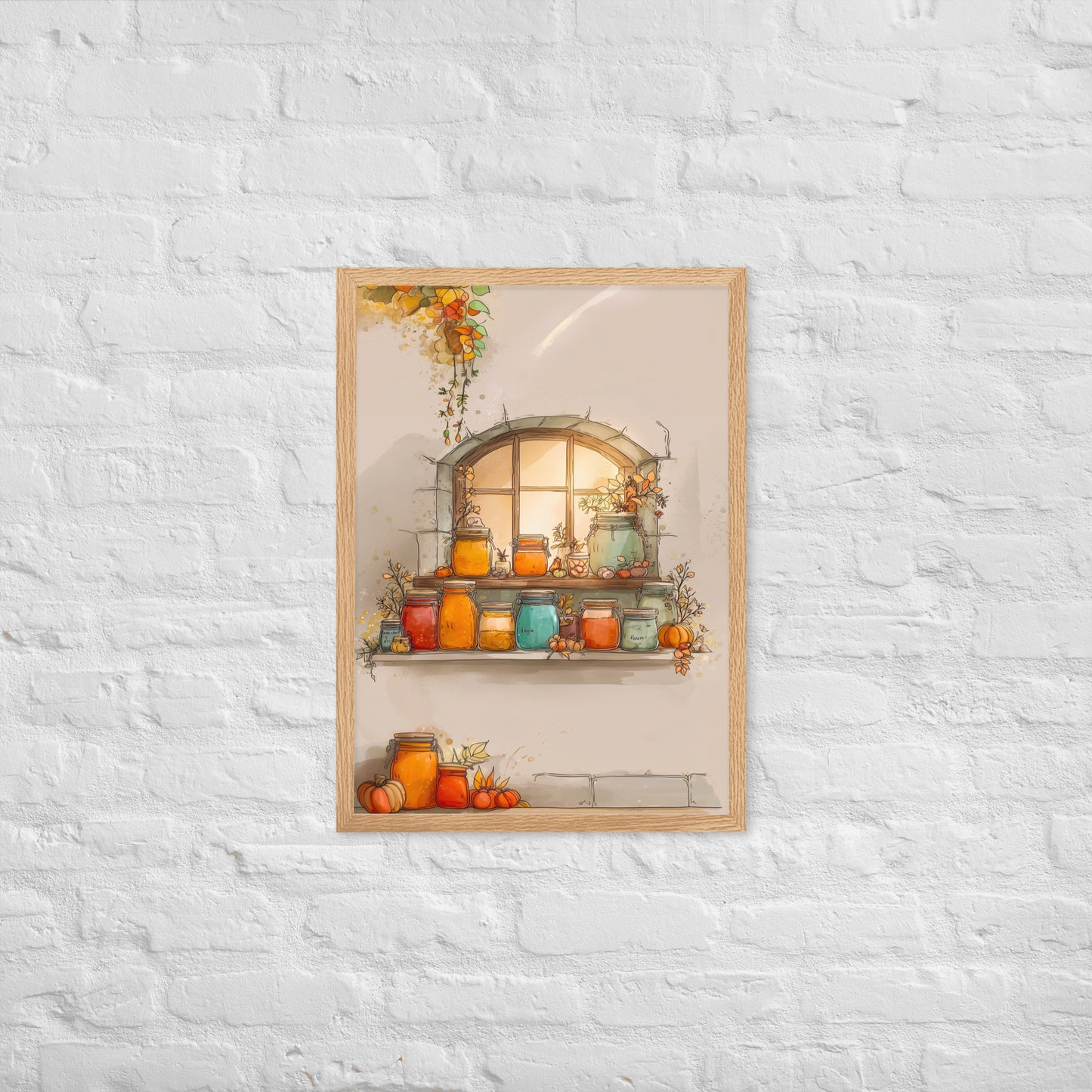 Framed autumn poster featuring glowing jam jars on a rustic window shelf surrounded by pumpkins and fall leaves.