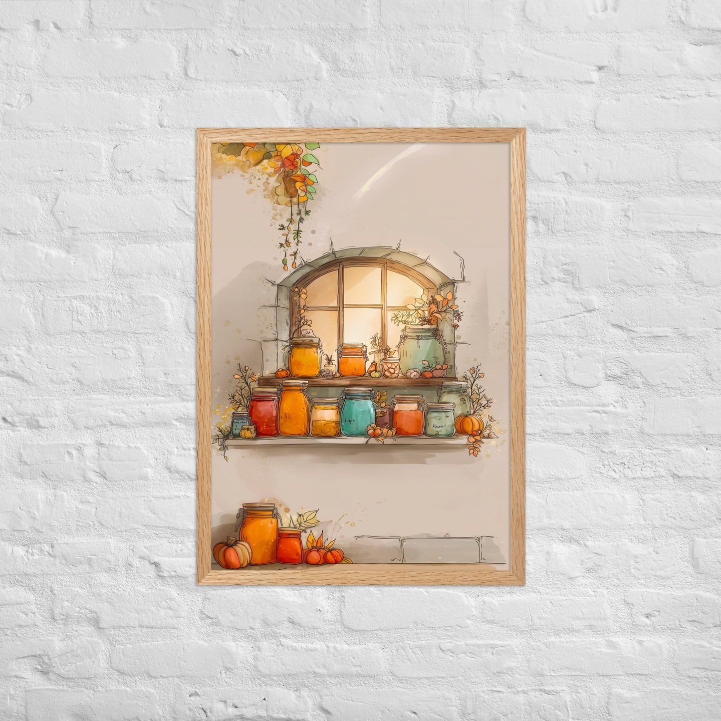 Framed autumn poster featuring glowing jam jars on a rustic window shelf surrounded by pumpkins and fall leaves.