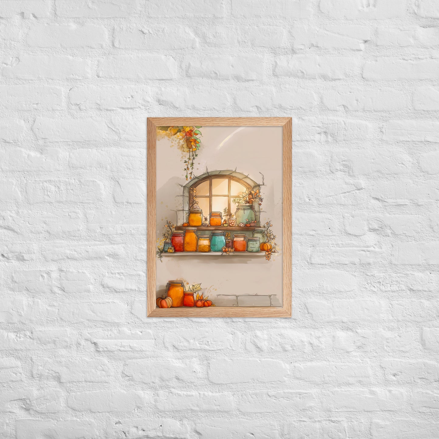 Framed autumn poster featuring glowing jam jars on a rustic window shelf surrounded by pumpkins and fall leaves.