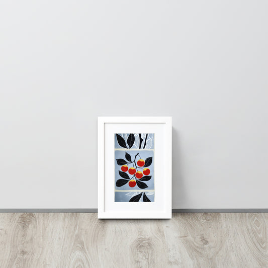 Framed A4 kitchen poster featuring a vibrant illustration of red cherries with a white mat board and professional wood frame.