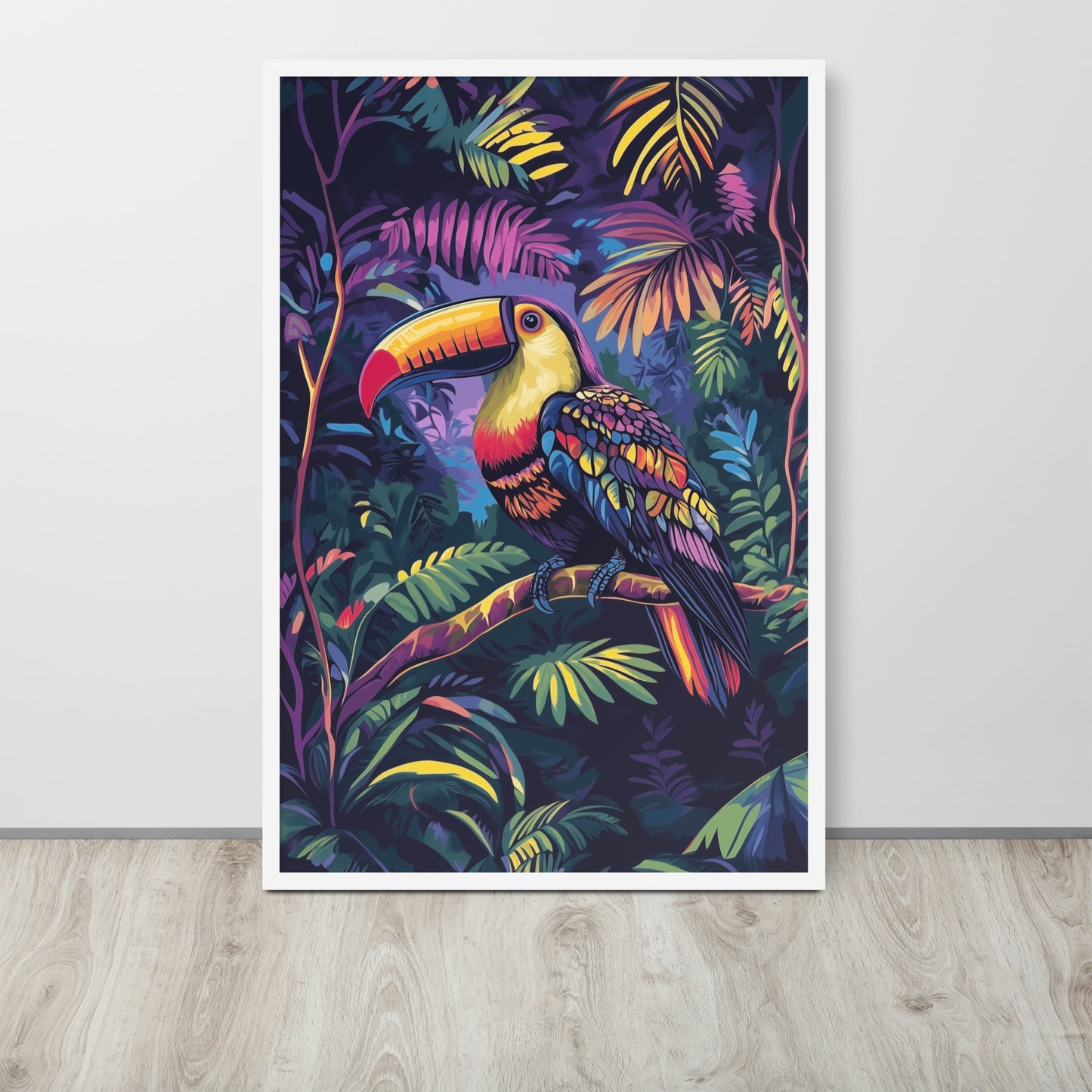 Framed poster showing a colorful Toucan print in a matte white renewable wood frame.