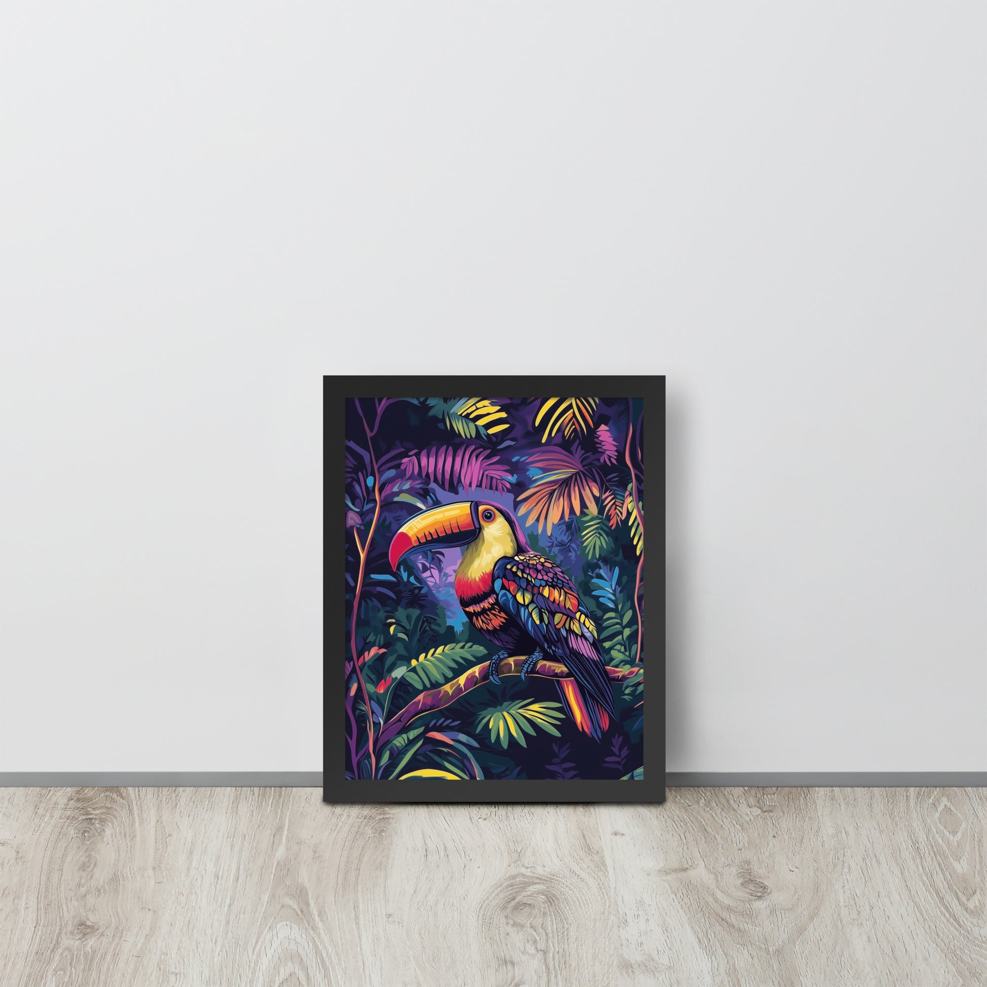 Framed poster showing a colorful Toucan print in a matte black renewable wood frame.
