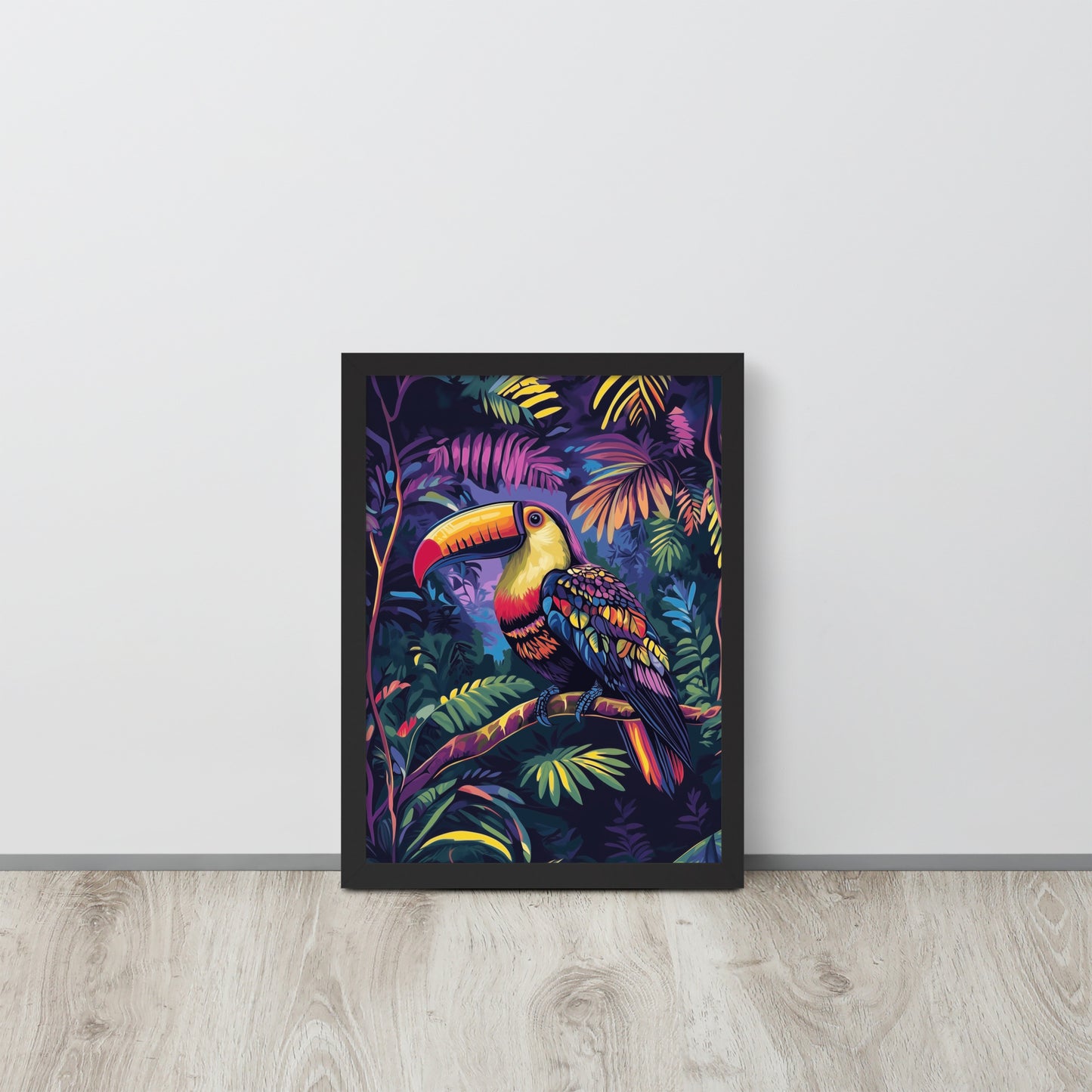 Framed poster showing a colorful Toucan print in a matte black renewable wood frame.