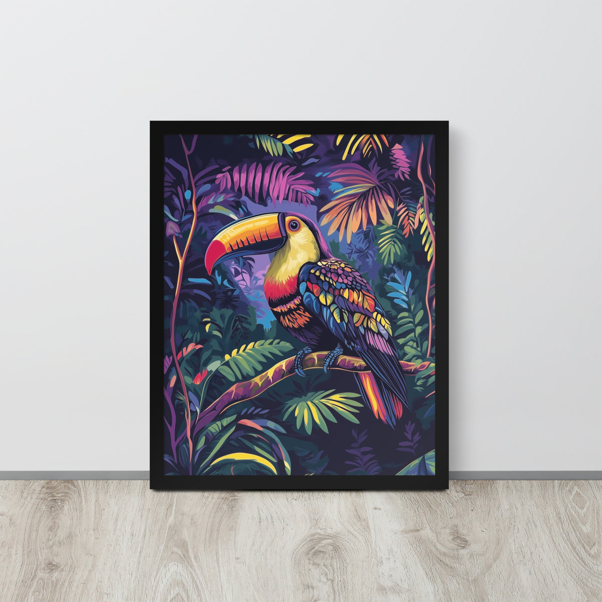 Framed poster showing a colorful Toucan print in a matte black renewable wood frame.
