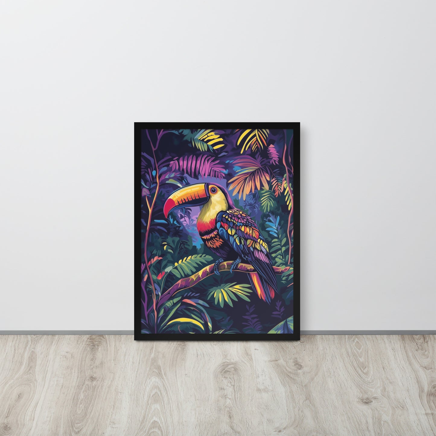 Framed poster showing a colorful Toucan print in a matte black renewable wood frame.
