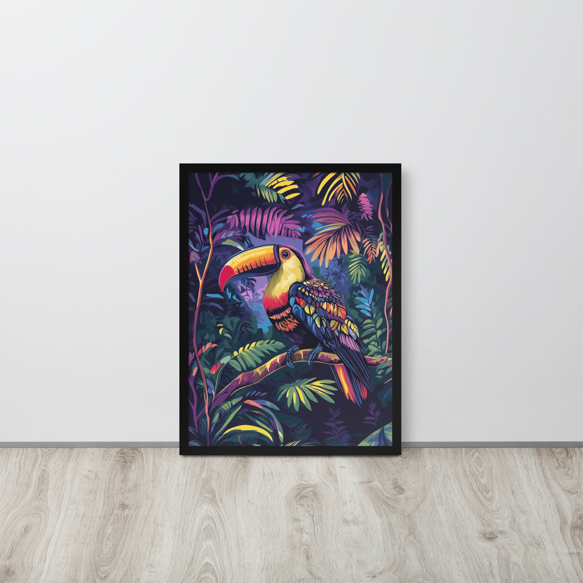Framed poster showing a colorful Toucan print in a matte black renewable wood frame.