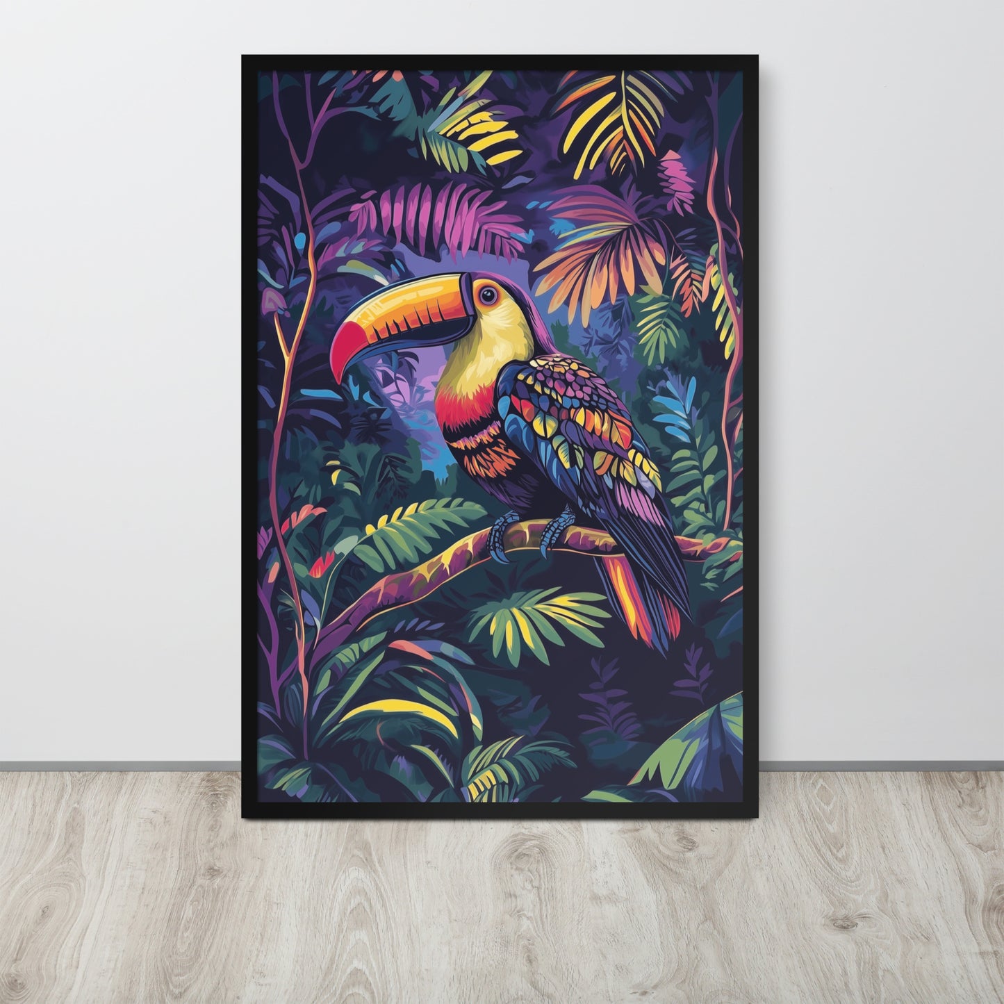 Framed poster showing a colorful Toucan print in a matte black renewable wood frame.