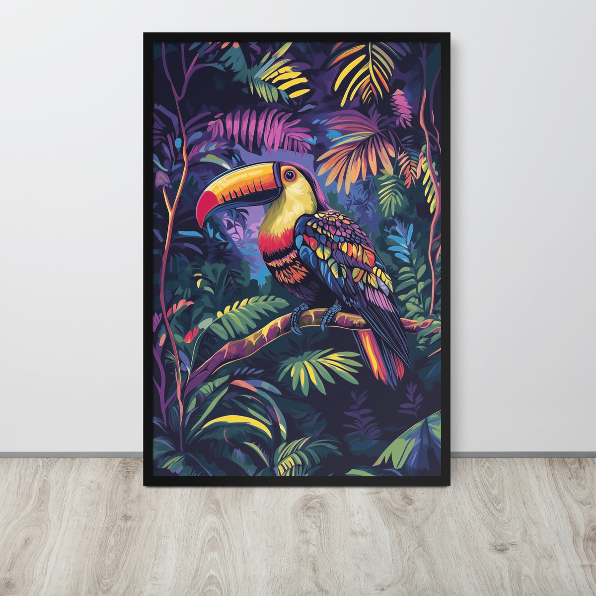 Framed poster showing a colorful Toucan print in a matte black renewable wood frame.