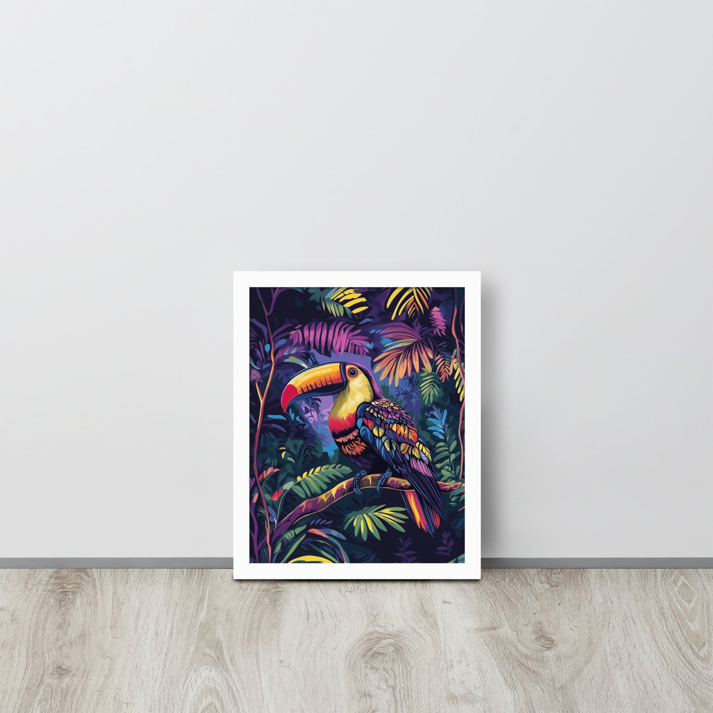 Framed poster showing a colorful Toucan print in a matte white renewable wood frame.