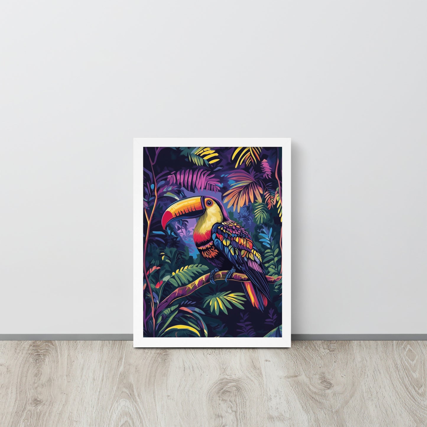 Framed poster showing a colorful Toucan print in a matte white renewable wood frame.