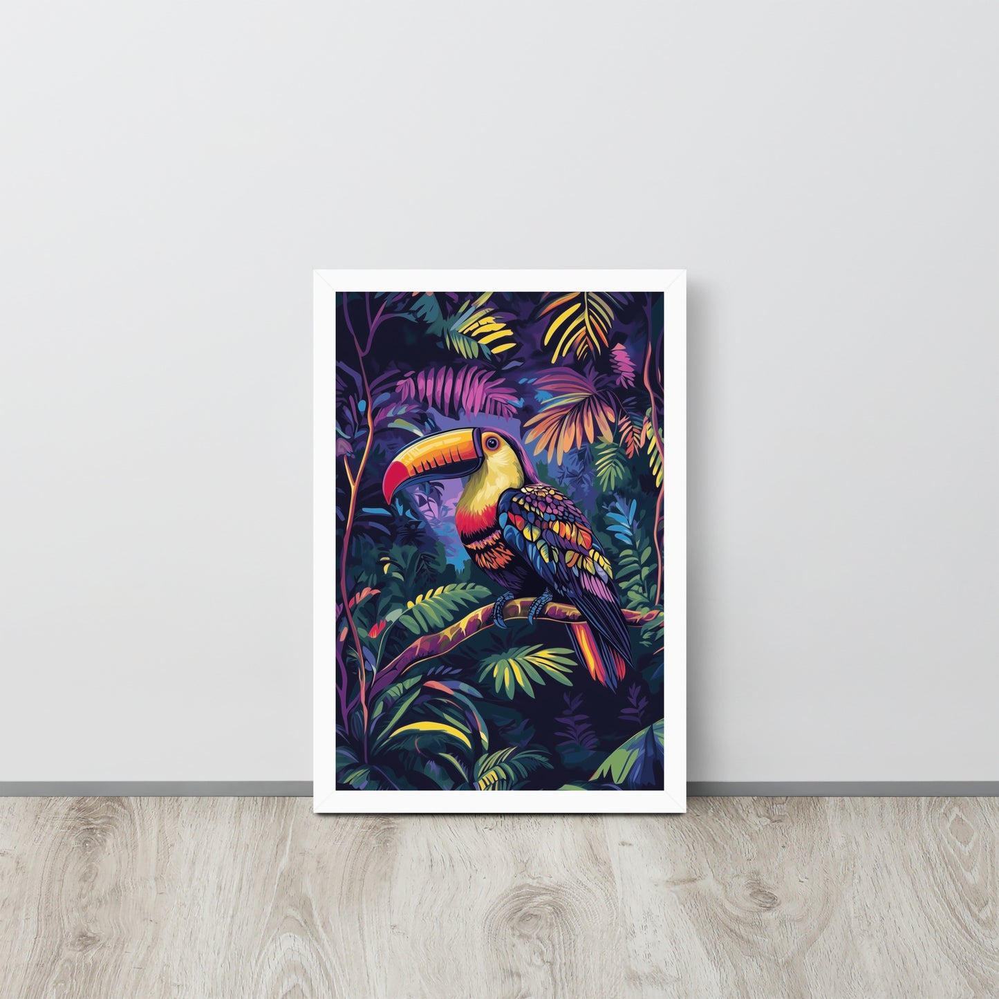 Framed poster showing a colorful Toucan print in a matte white renewable wood frame.