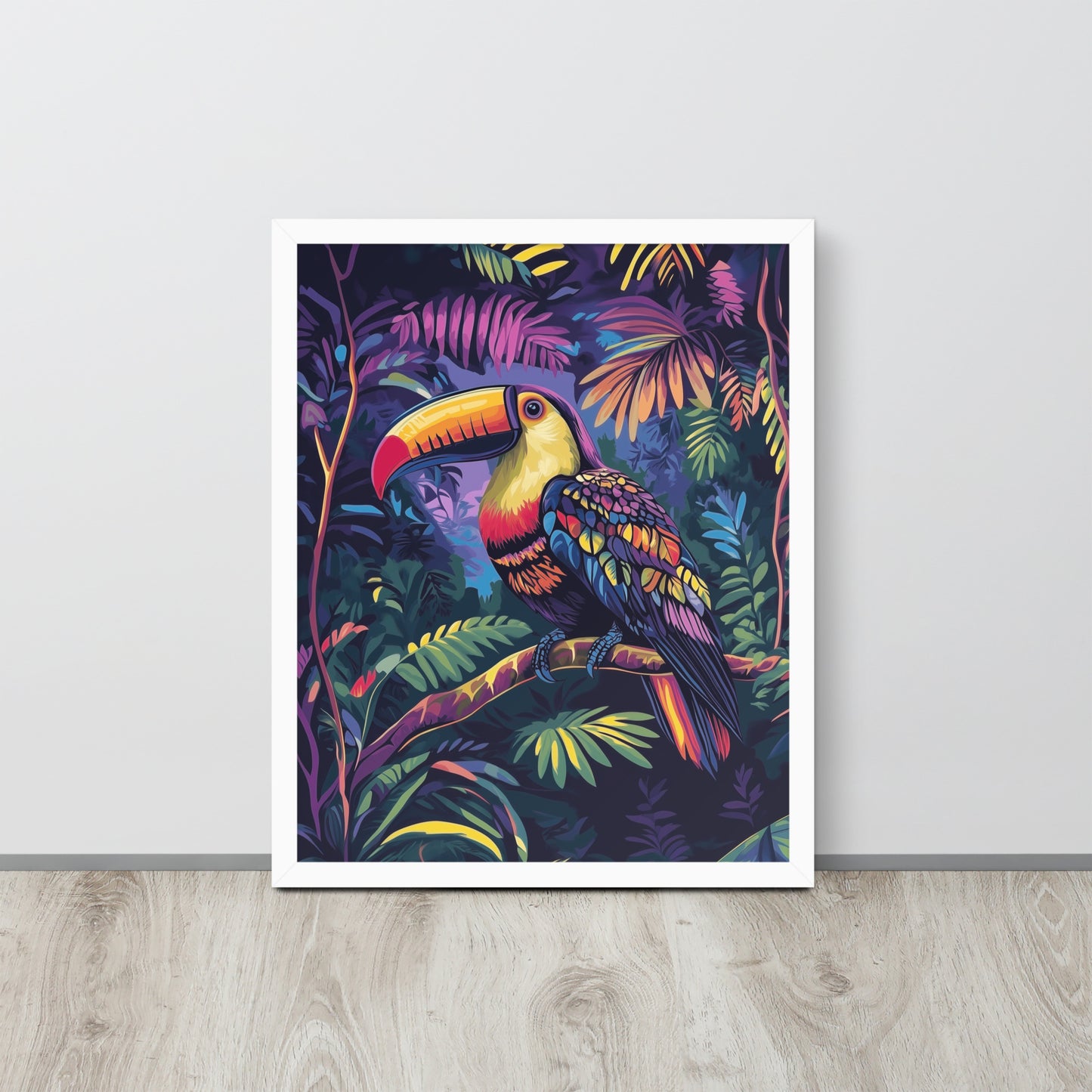 Framed poster showing a colorful Toucan print in a matte white renewable wood frame.