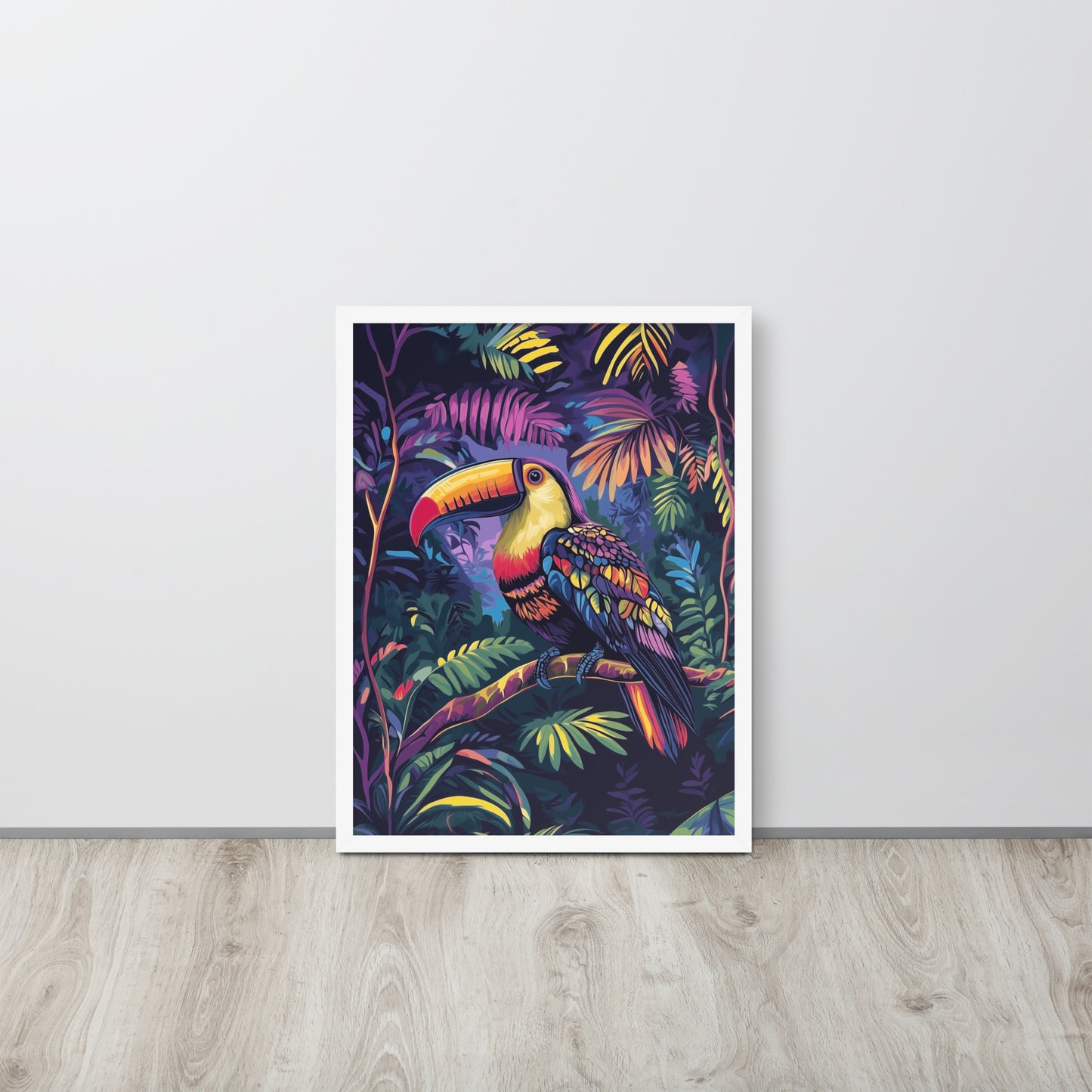 Framed poster showing a colorful Toucan print in a matte white renewable wood frame.
