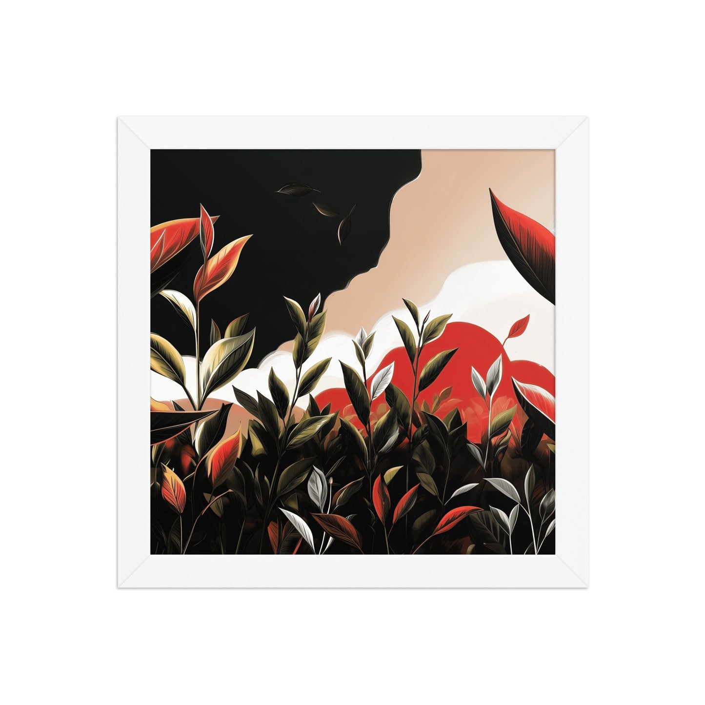 Framed nature poster featuring bold green leaves with red sunset highlights, inspired by summer nature walks.