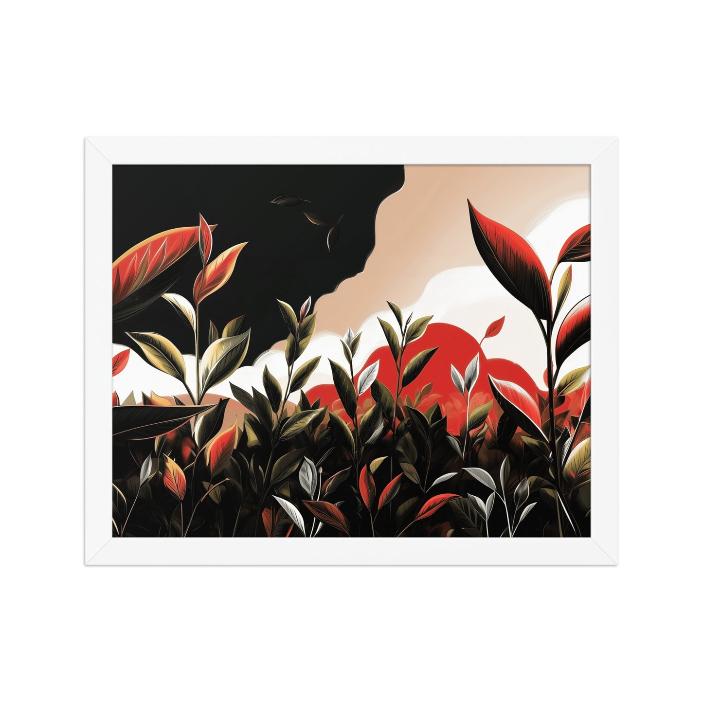 Framed nature poster featuring bold green leaves with red sunset highlights, inspired by summer nature walks.