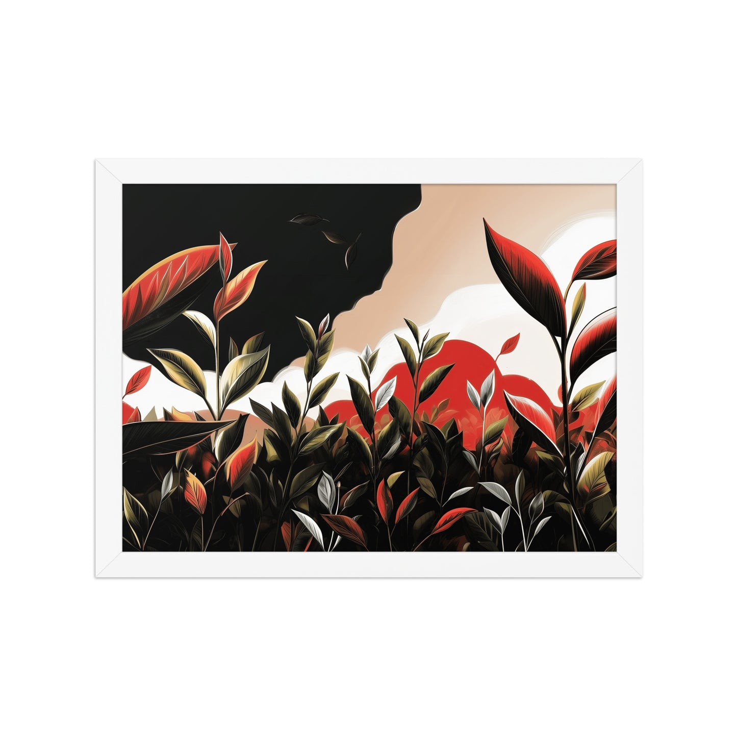 Framed nature poster featuring bold green leaves with red sunset highlights, inspired by summer nature walks.