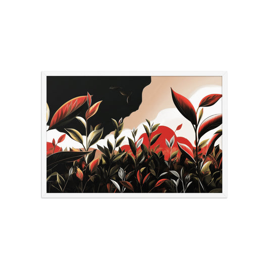 Framed nature poster featuring bold green leaves with red sunset highlights, inspired by summer nature walks.